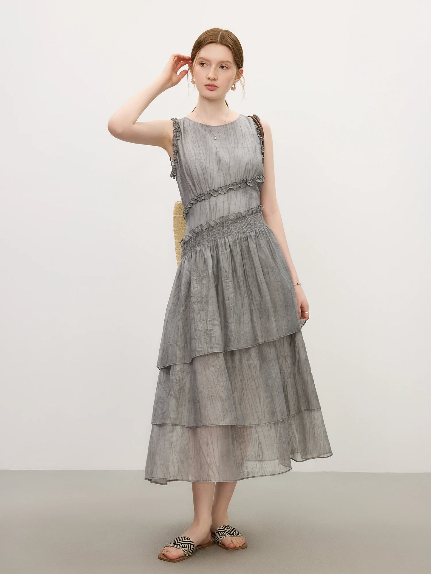 Grey Tiered Tulle Midi Dress