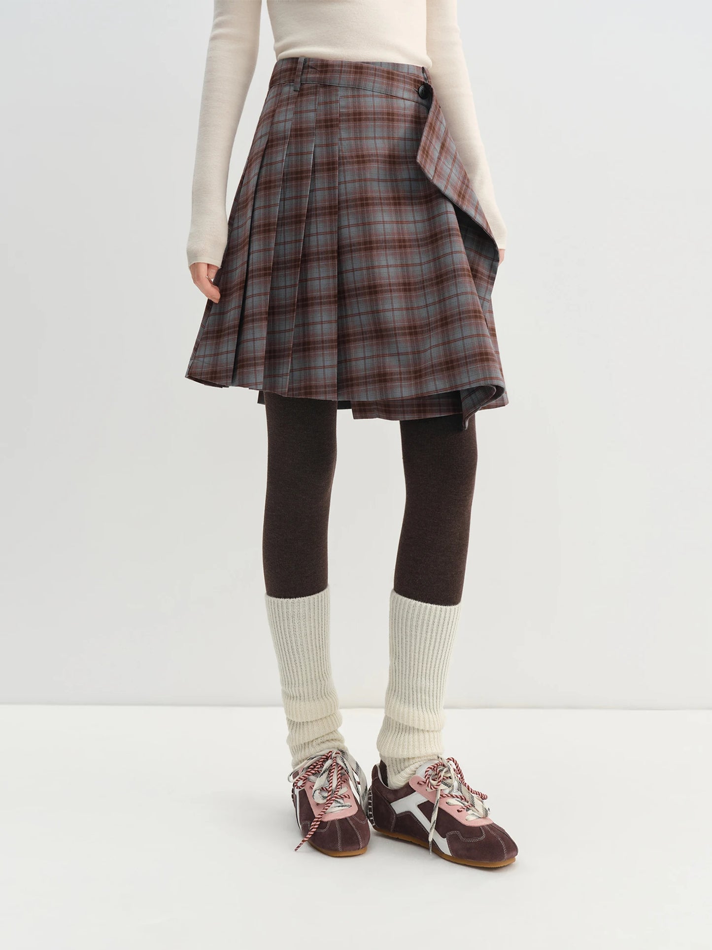 Brown Plaid Asymmetric Pleated Midi Skirt