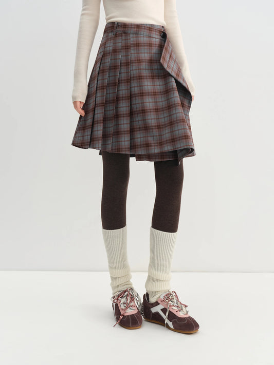 Brown Plaid Asymmetric Pleated Midi Skirt