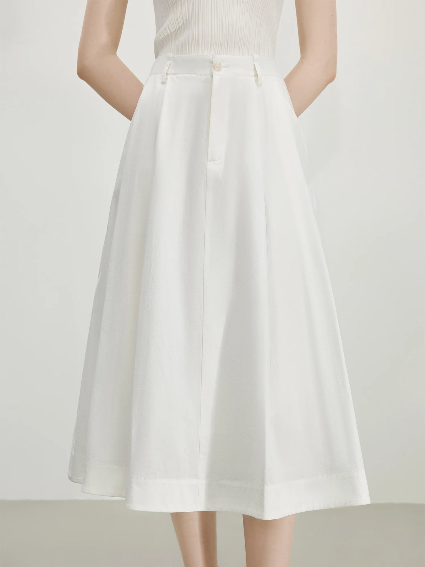 Ivory Pleated A-Line Midi Skirt
