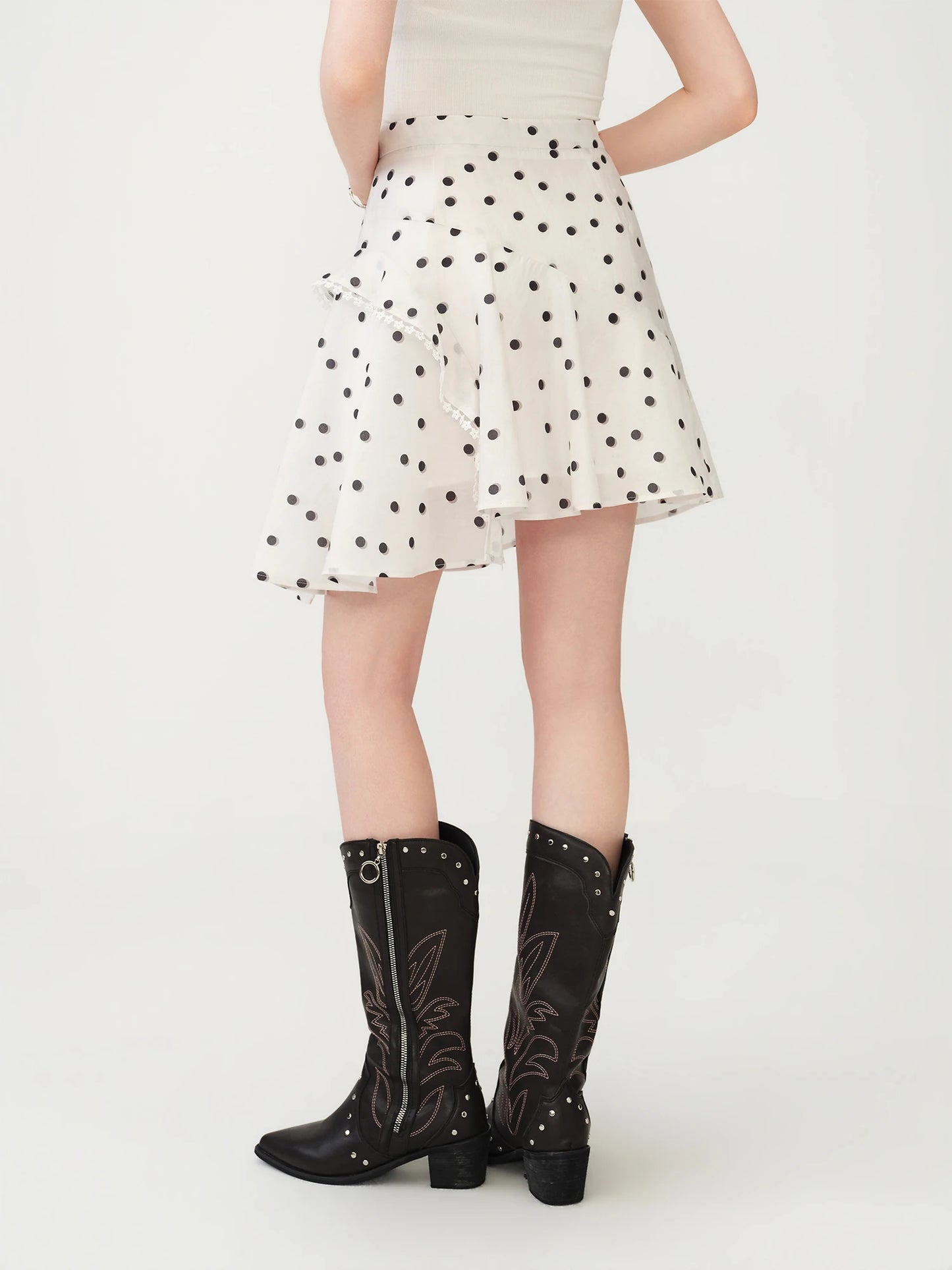 Ivory Polka Dot Ruffle Mini Skirt
