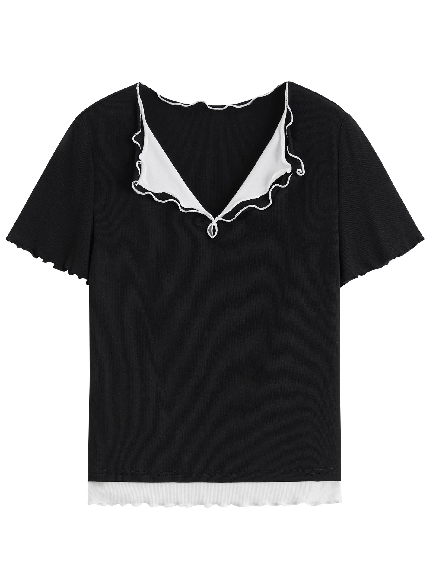 Black Ruffle Collar Fitted Knit Tee