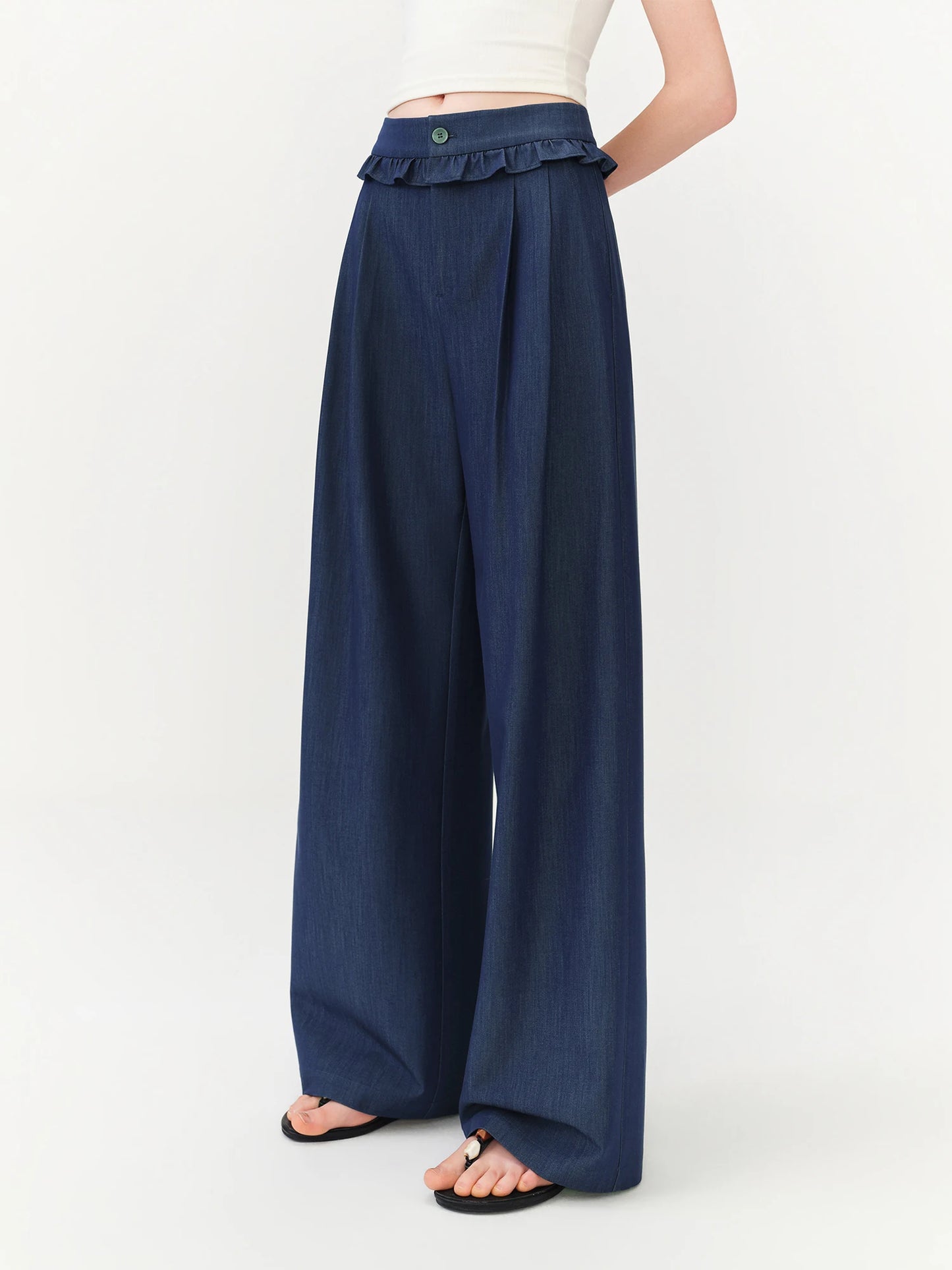 Navy Ruffle Waist Wide Leg Pants