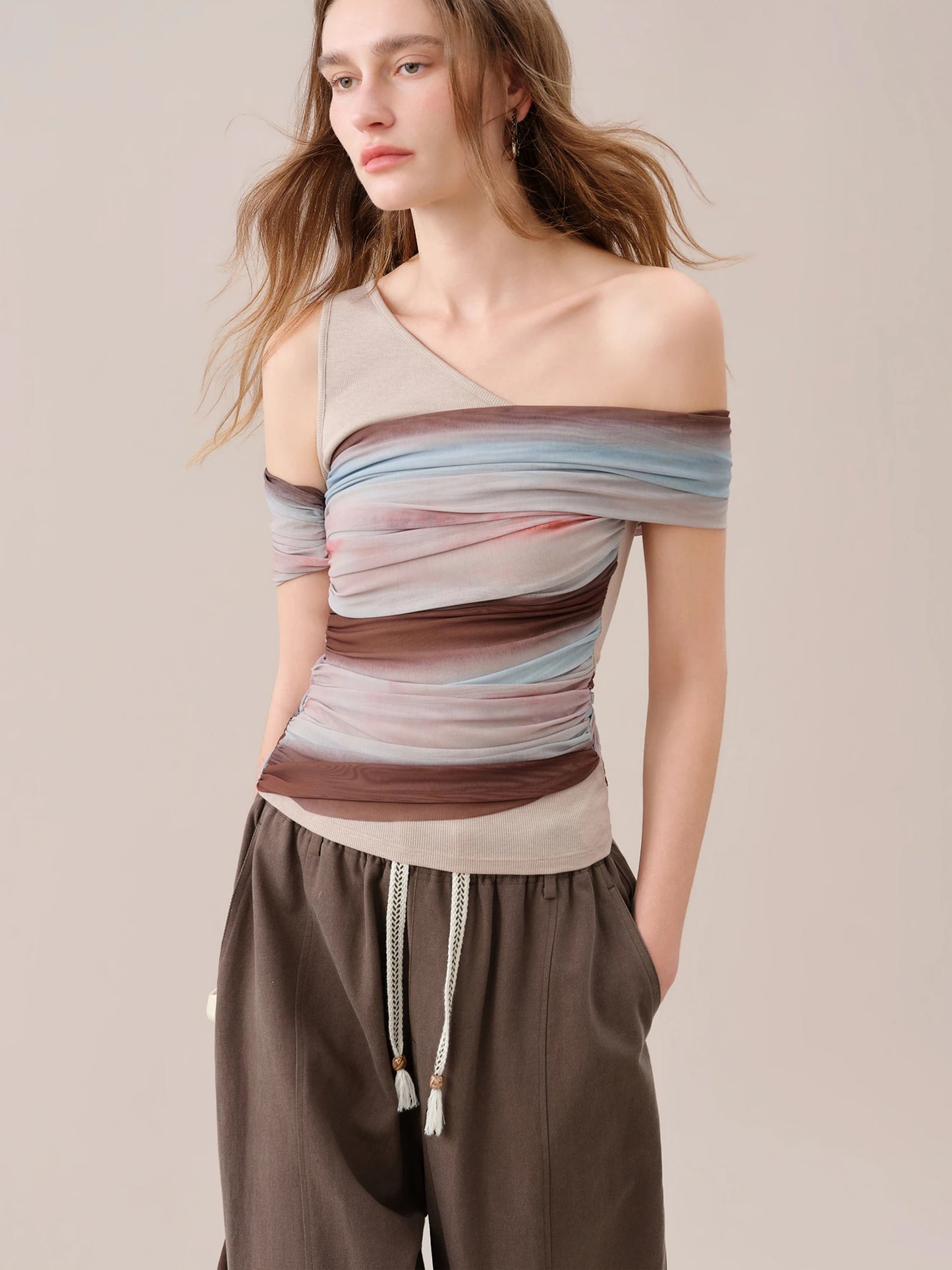 Taupe Asymmetric Striped Mesh Top