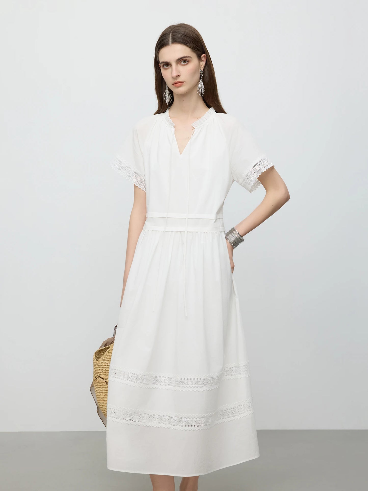 White Lace Panel Shirt Midi Dress