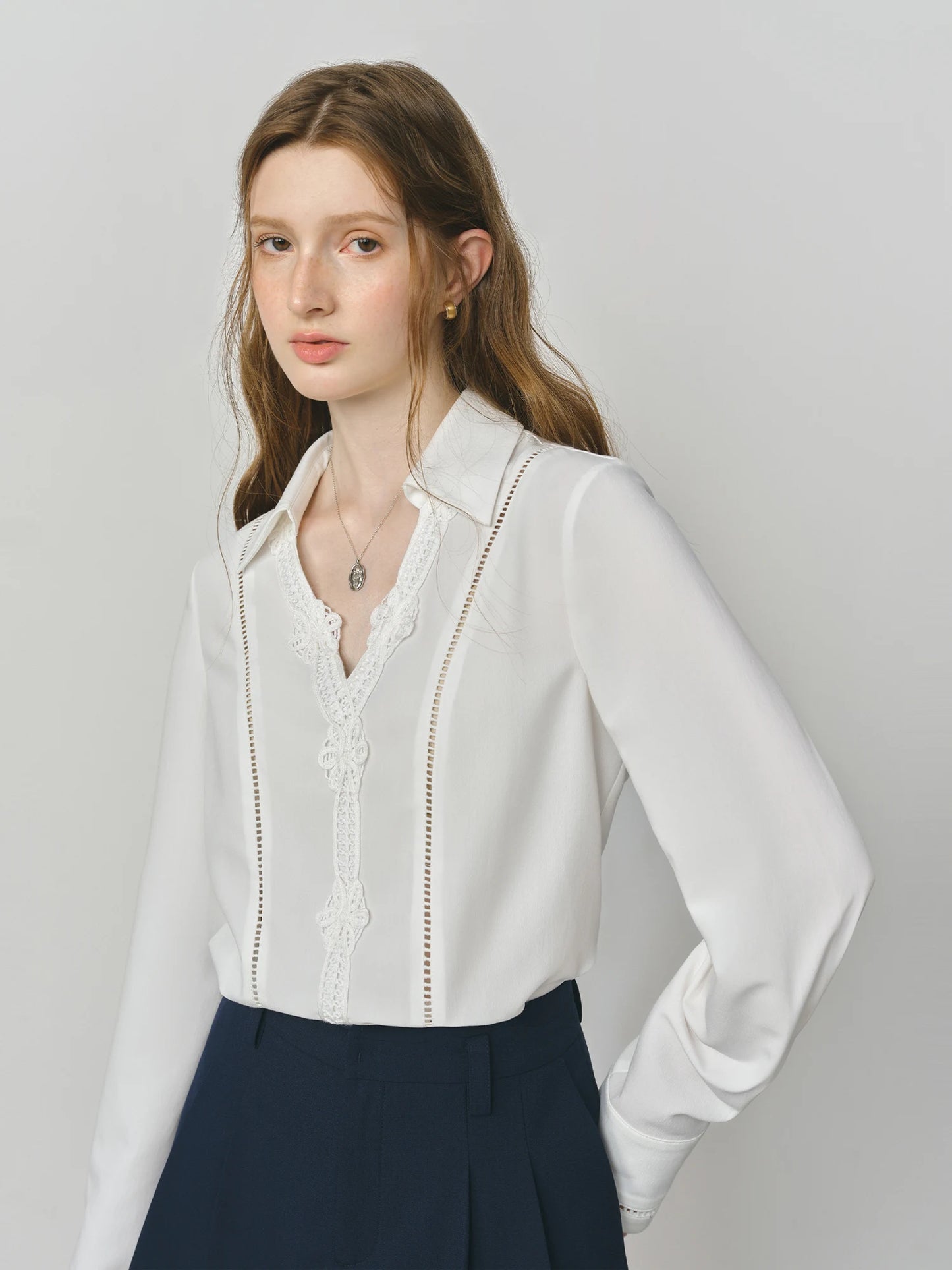 White Lace Panel V Neck Blouse