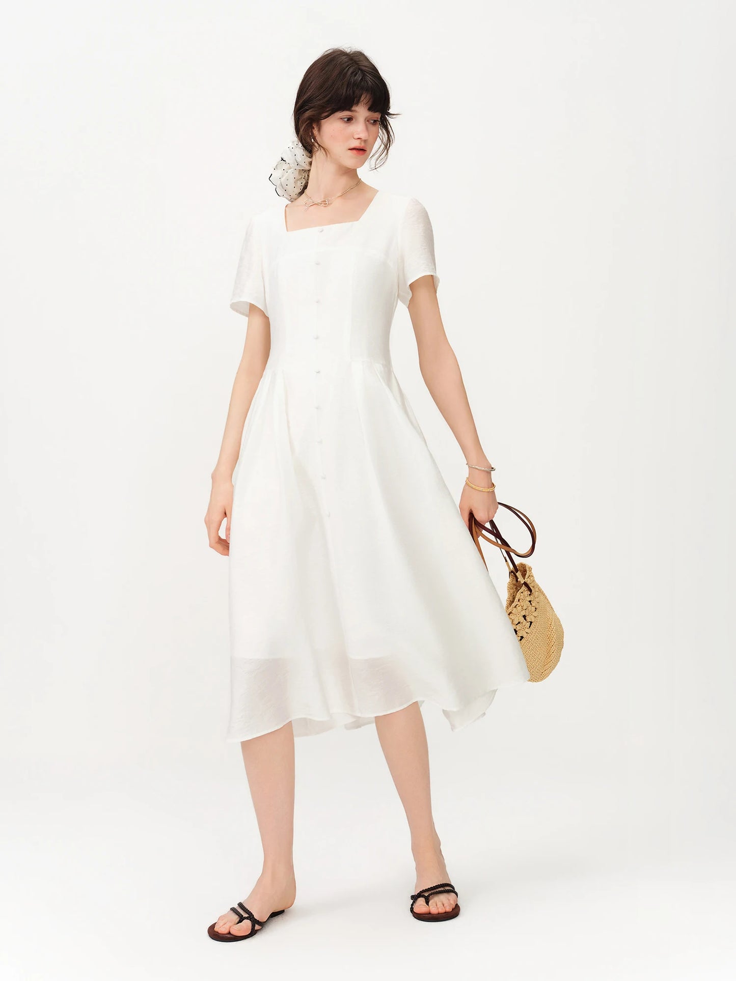Pale Blue Button Front Midi Dress