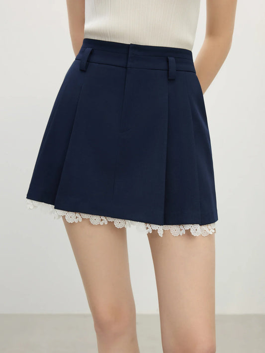 Navy Lace Trim Pleated Mini Skirt