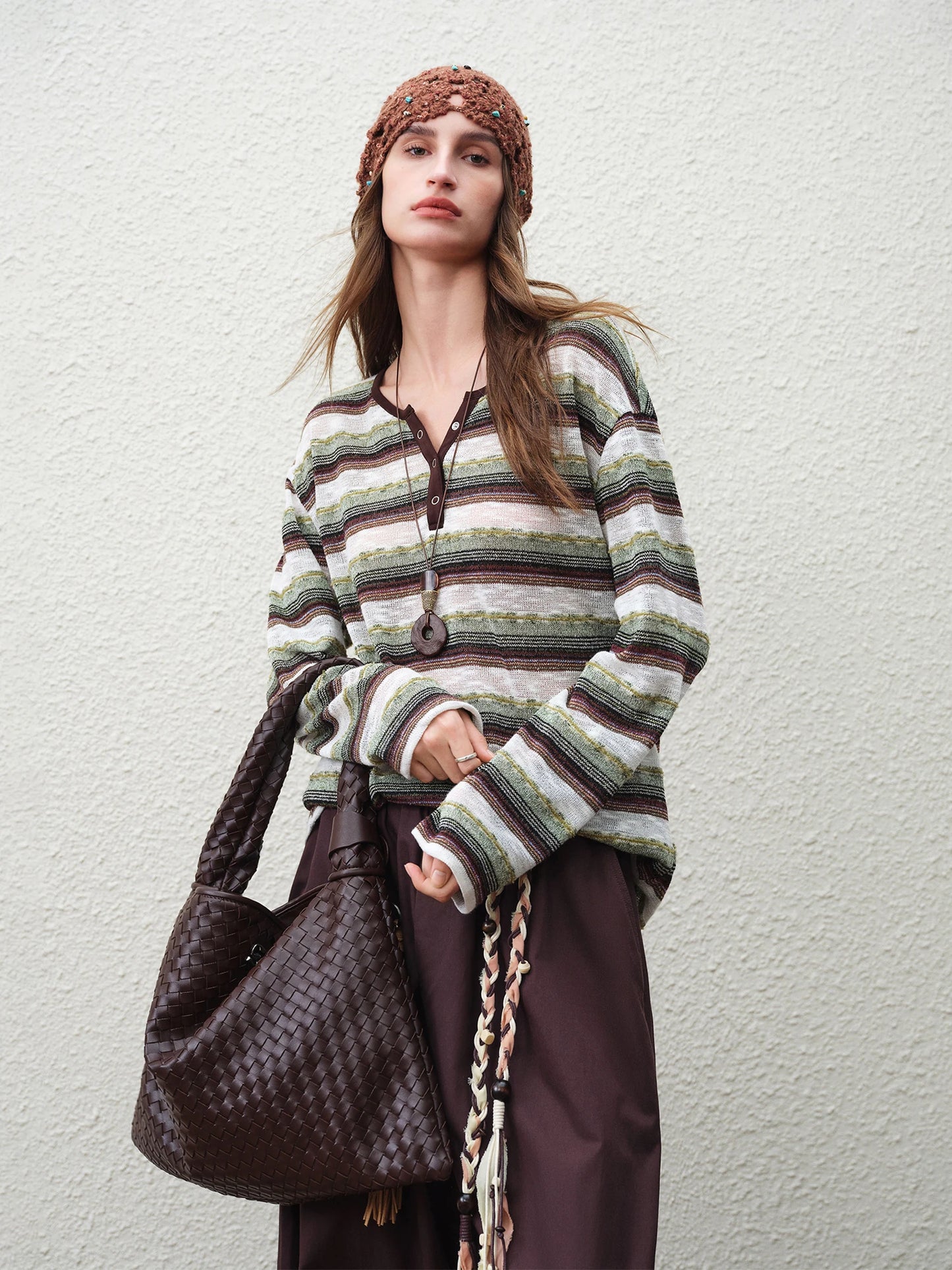 Striped Textured V Neck Pullover