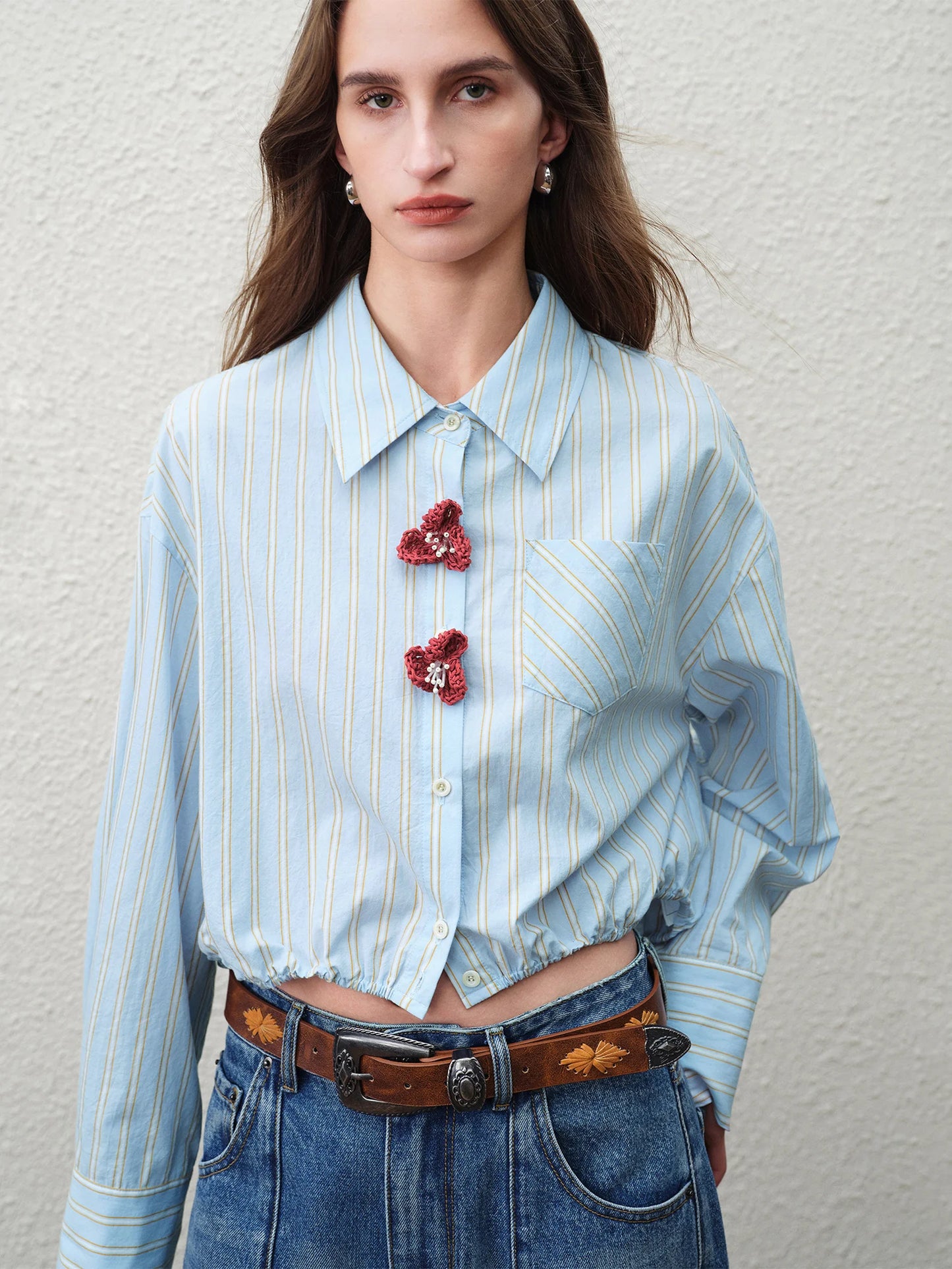 Blue Striped Floral Button Shirt