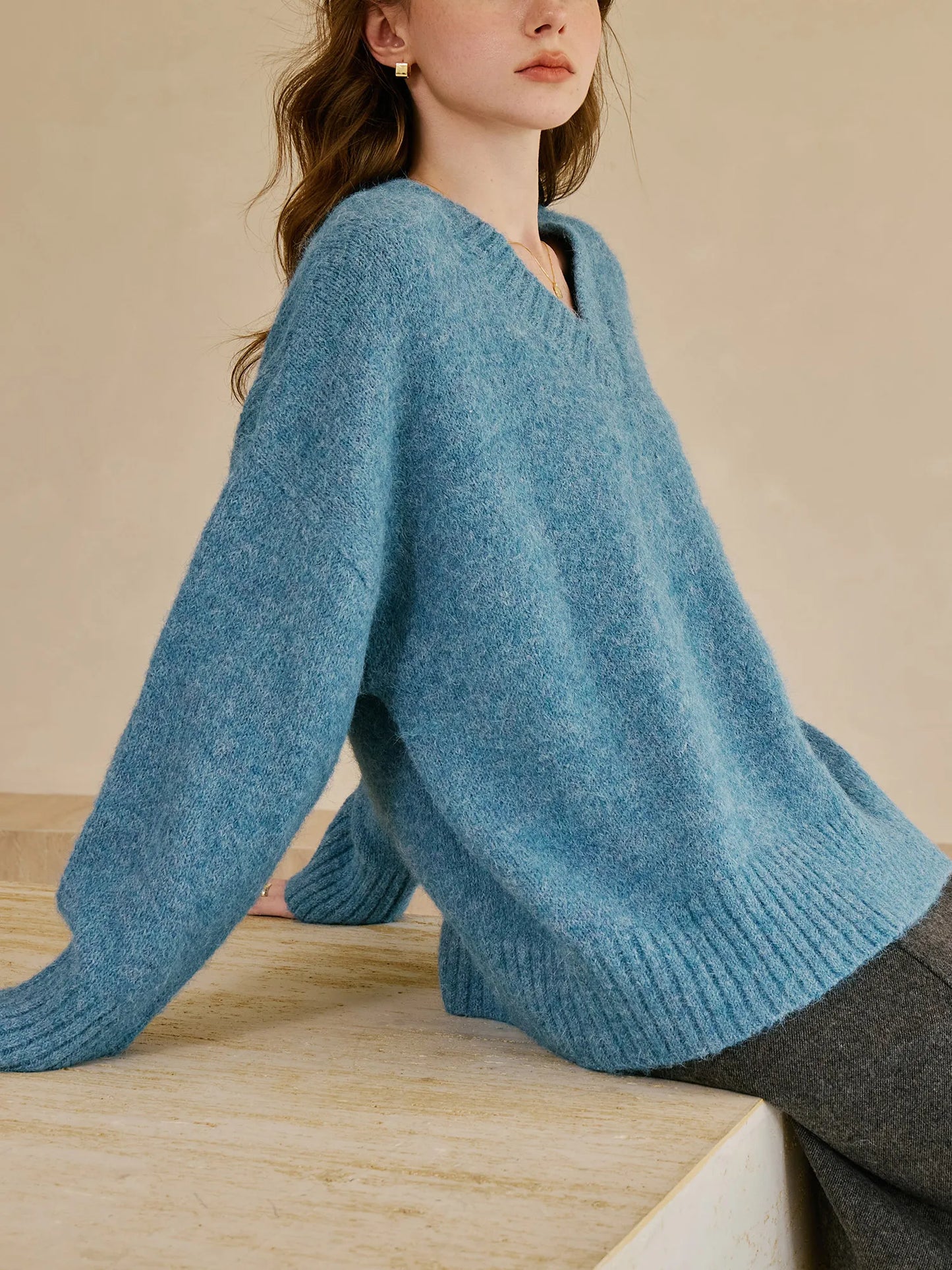 Teal Relaxed V Neck Knit Sweater
