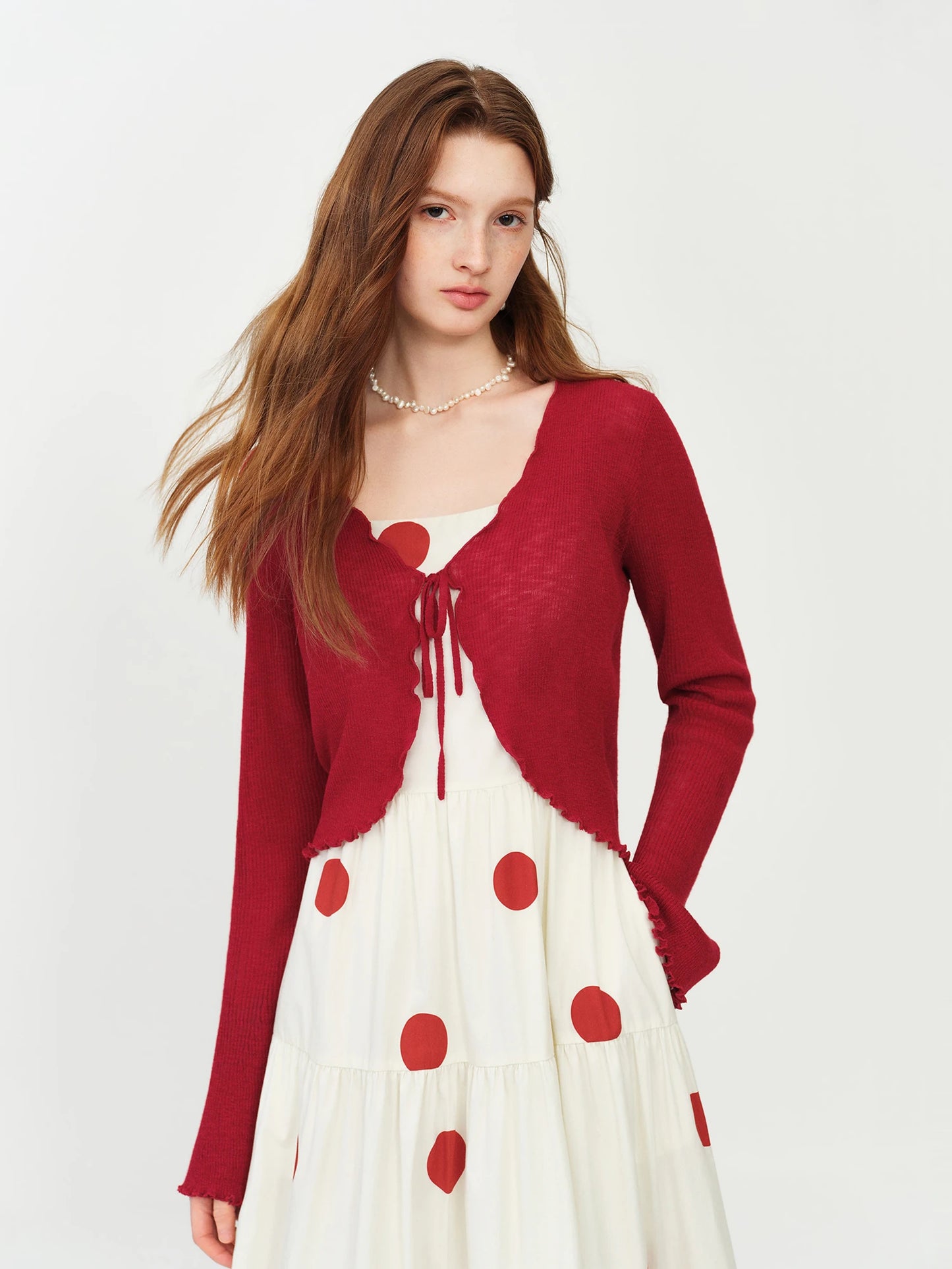 Red Tie Front Cropped Cardigan