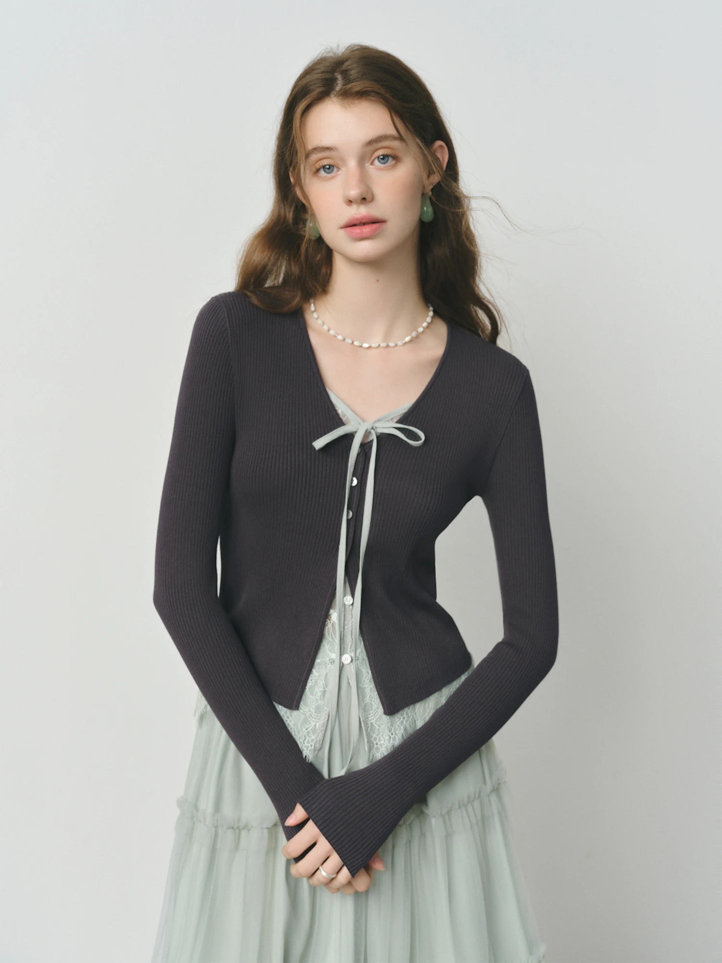 Charcoal Bow Front Fitted Cardigan