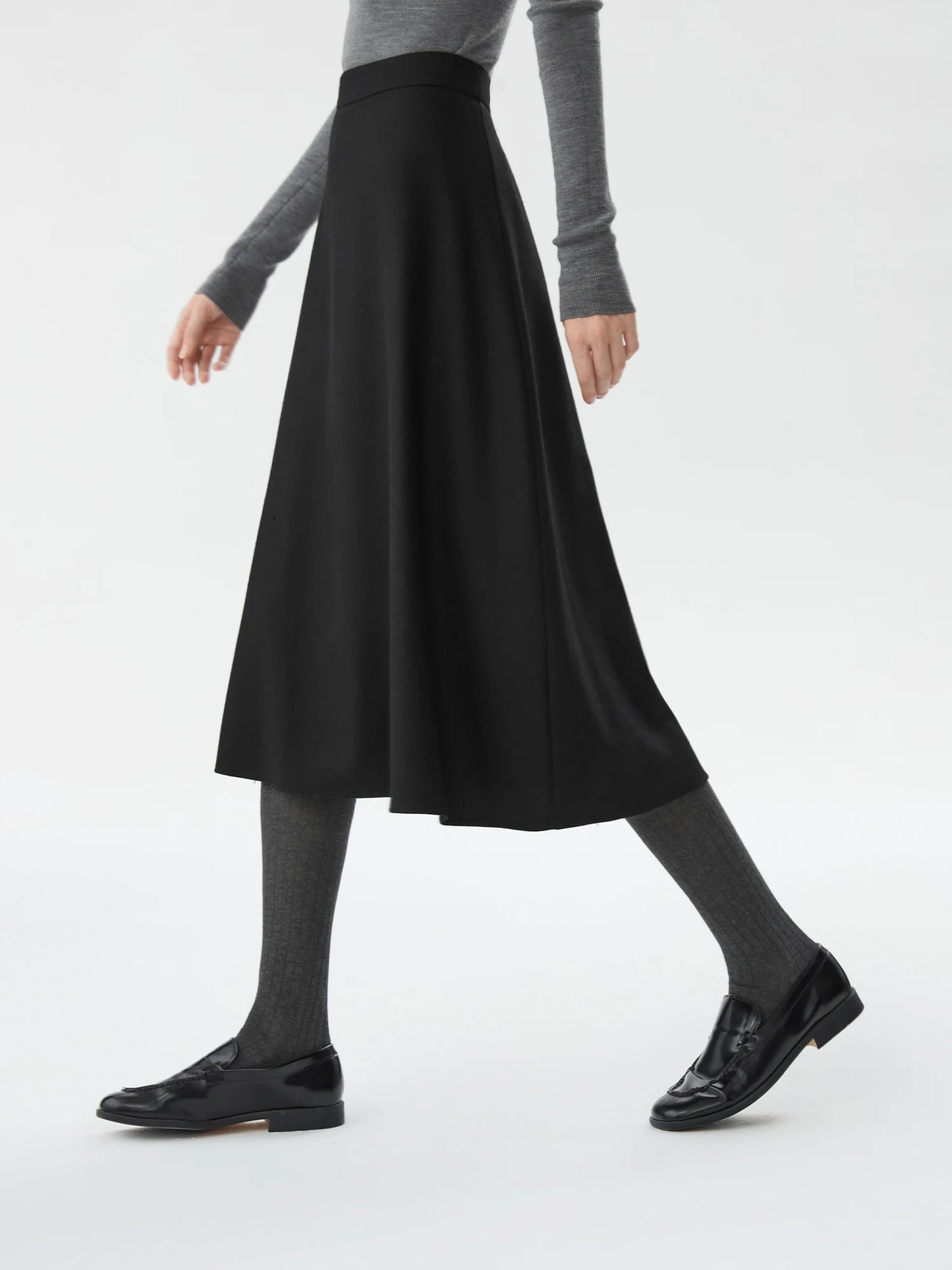Black Wool A-Line Midi Skirt