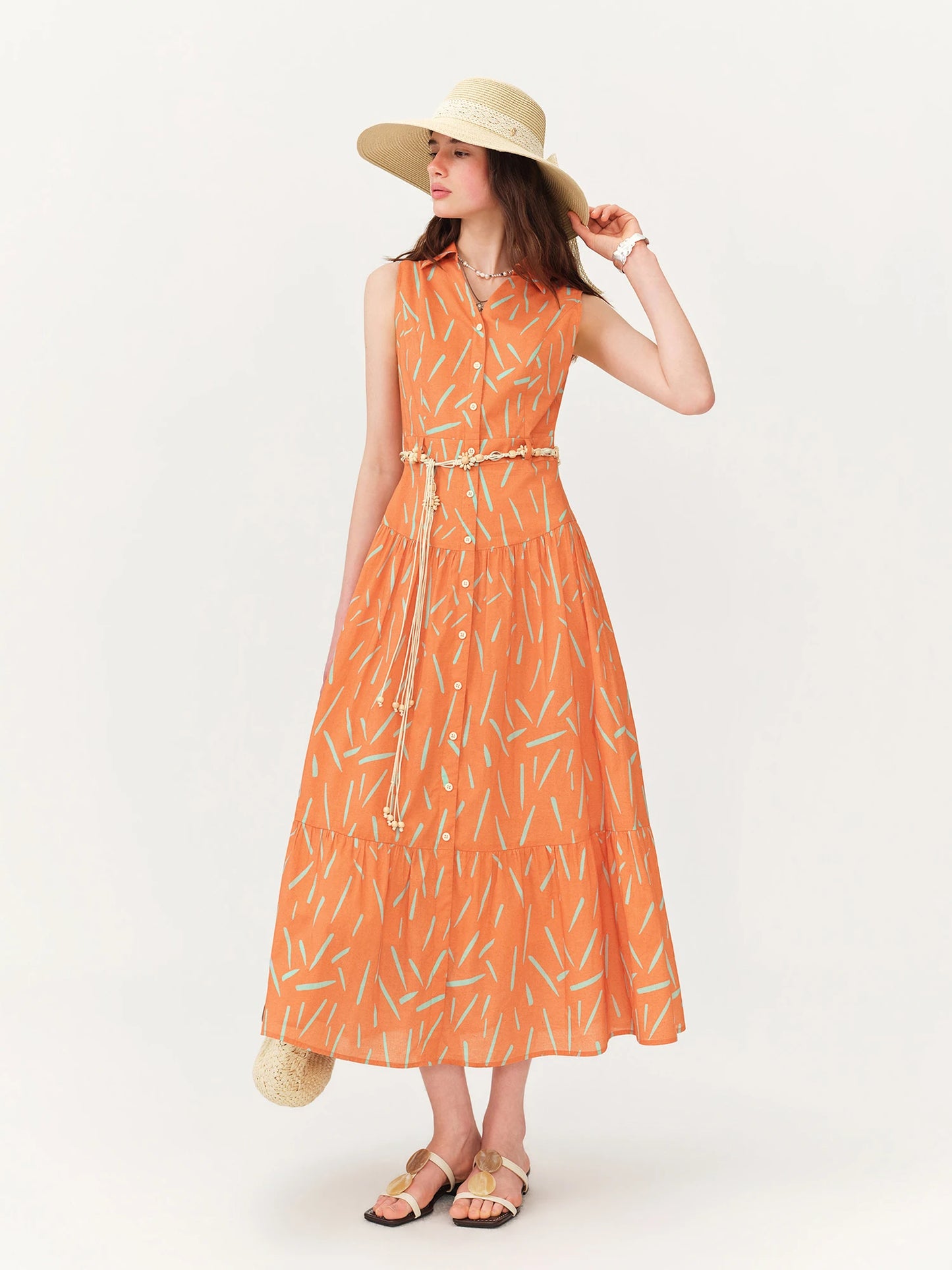 Orange Abstract Print Shirt Midi Dress