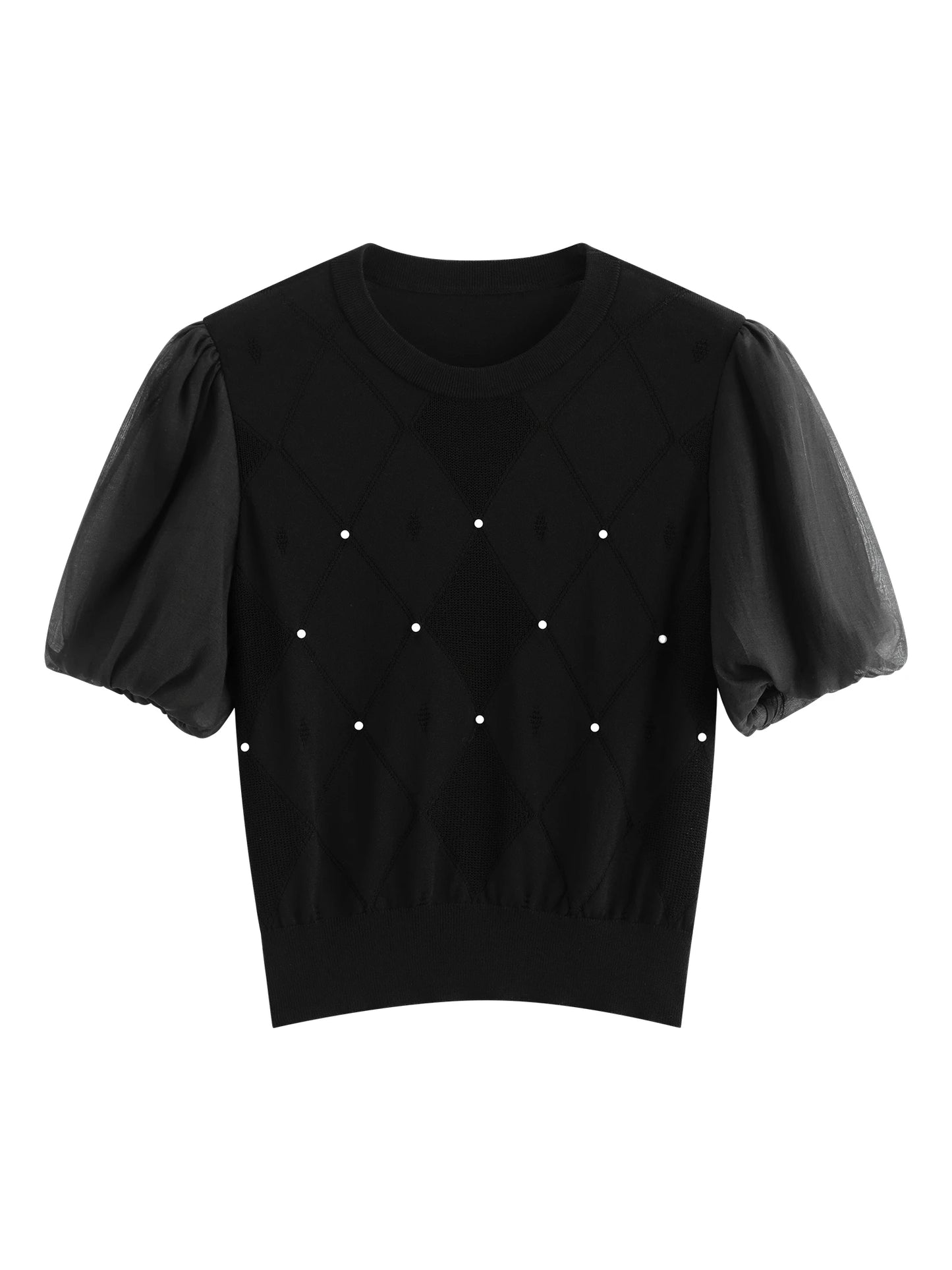 Black Pearl Puff Sleeve Knit Top