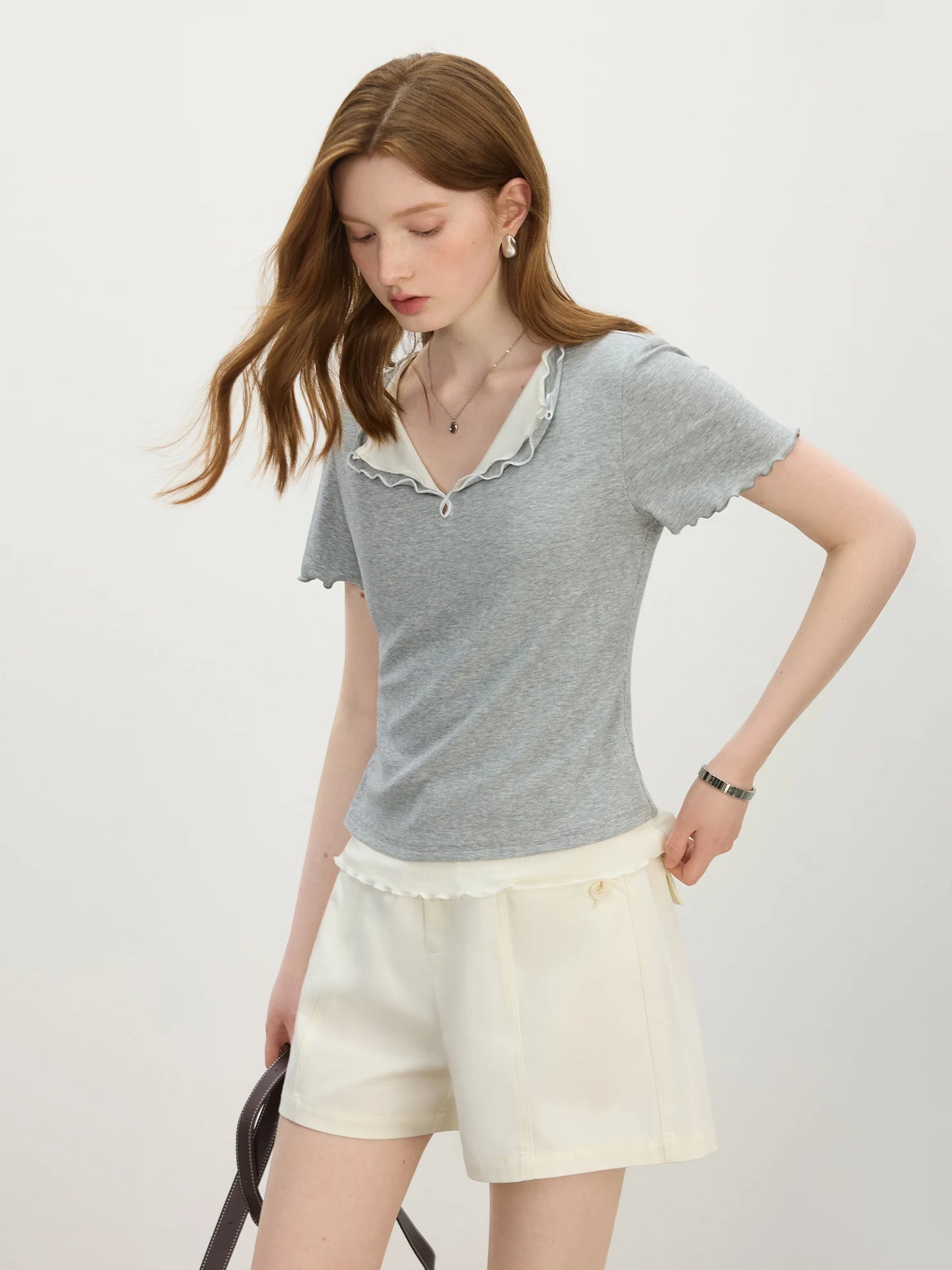 Black Ruffle Collar Fitted Knit Tee