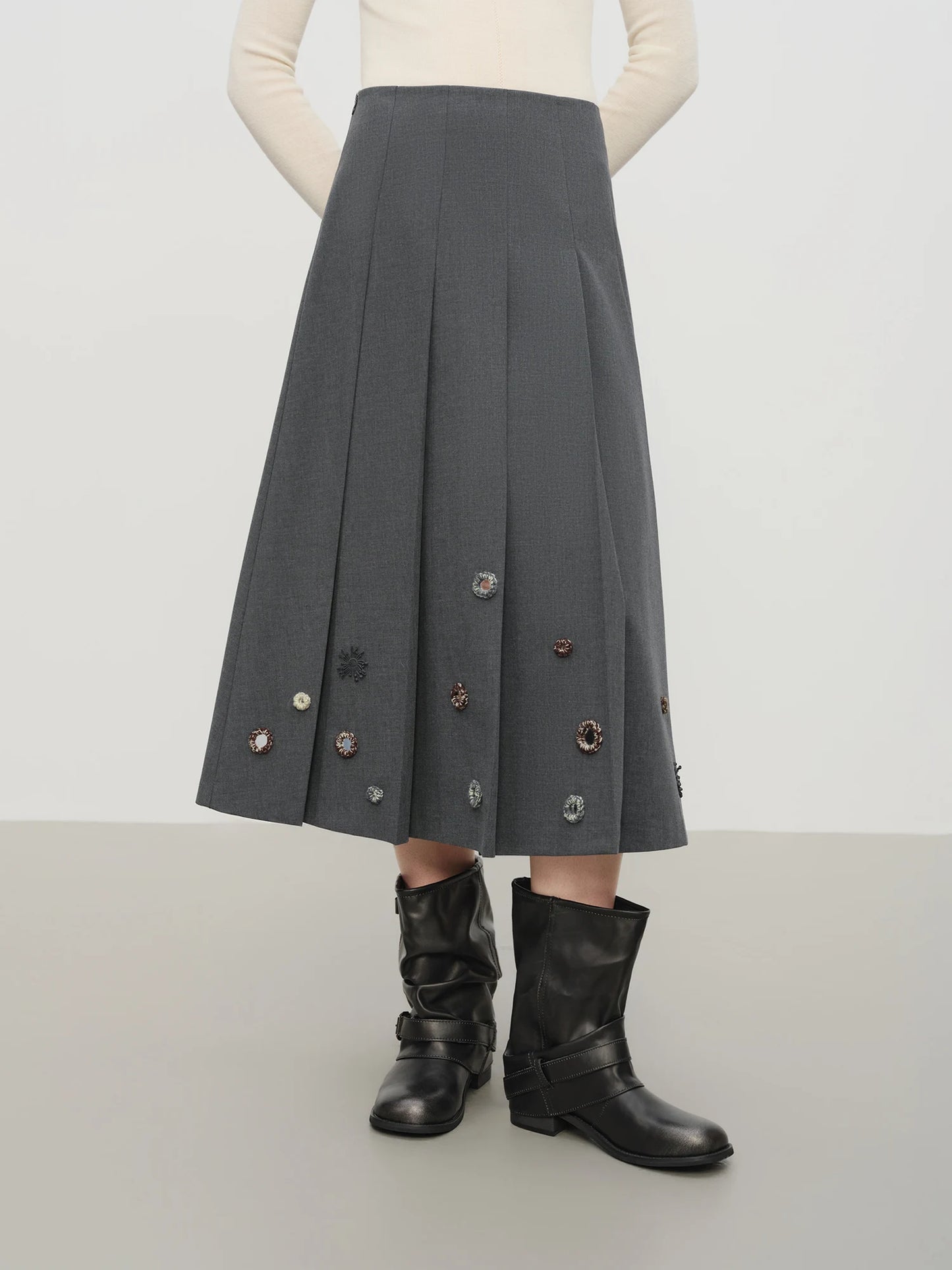 Charcoal Button Pleated Midi Skirt