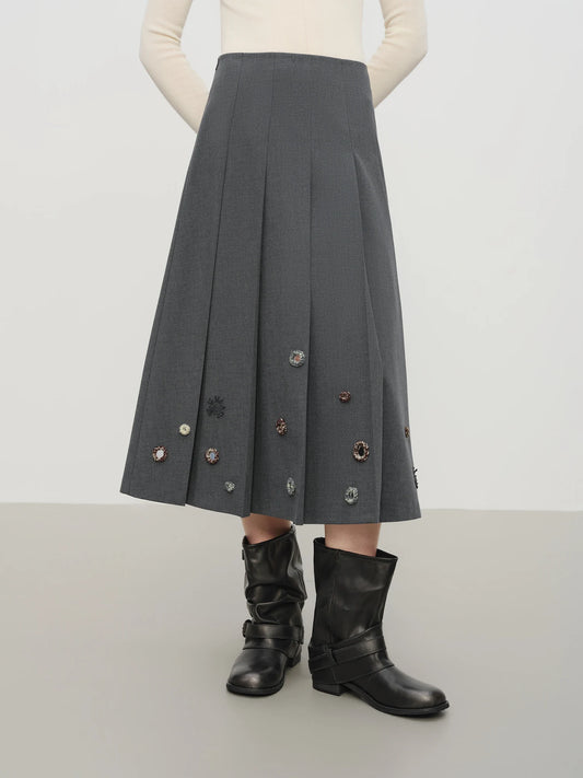 Charcoal Button Pleated Midi Skirt