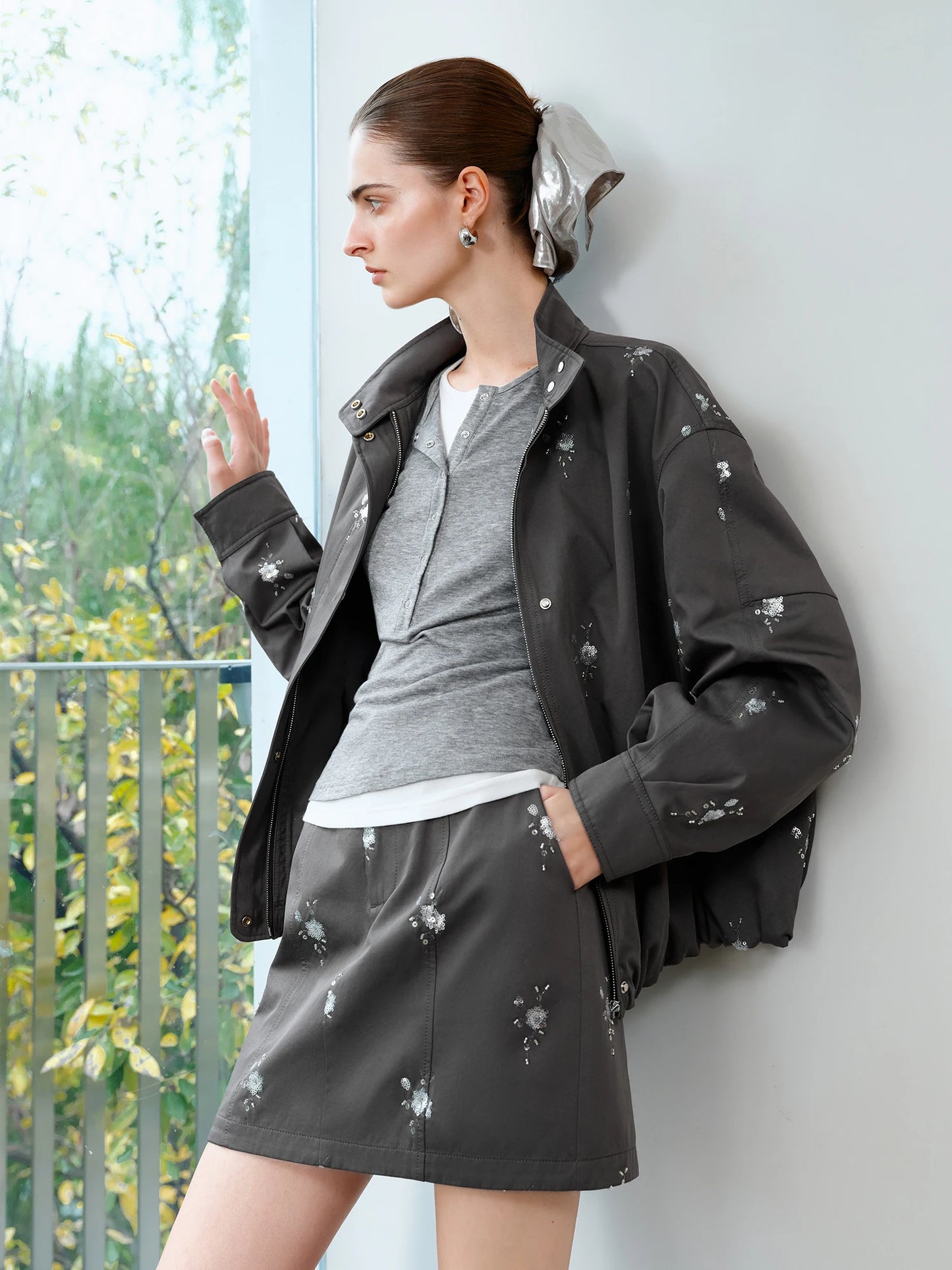 Grey Sequin Jacket Mini Skirt Set