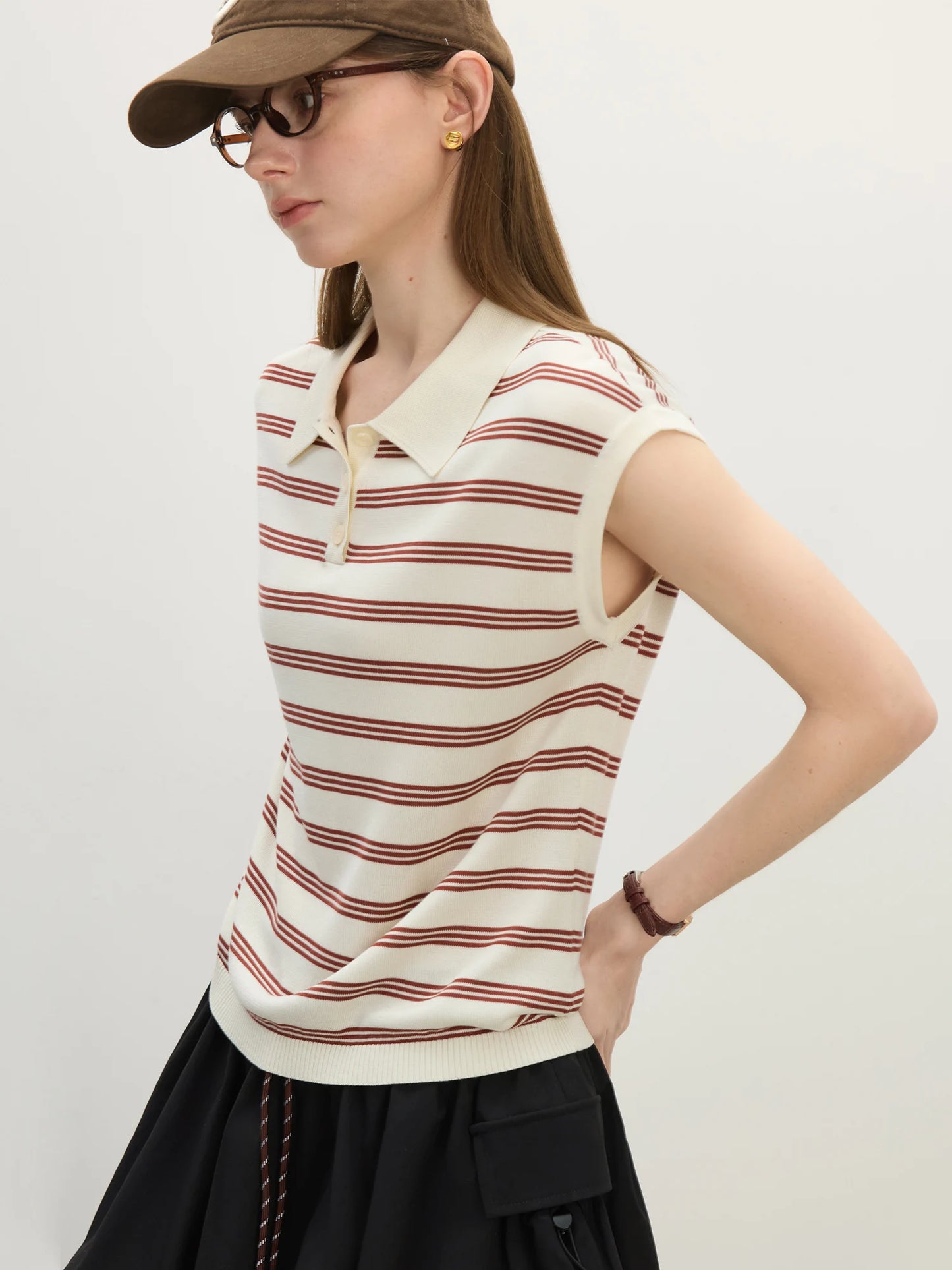 Navy Striped Sleeveless Polo Knit Top