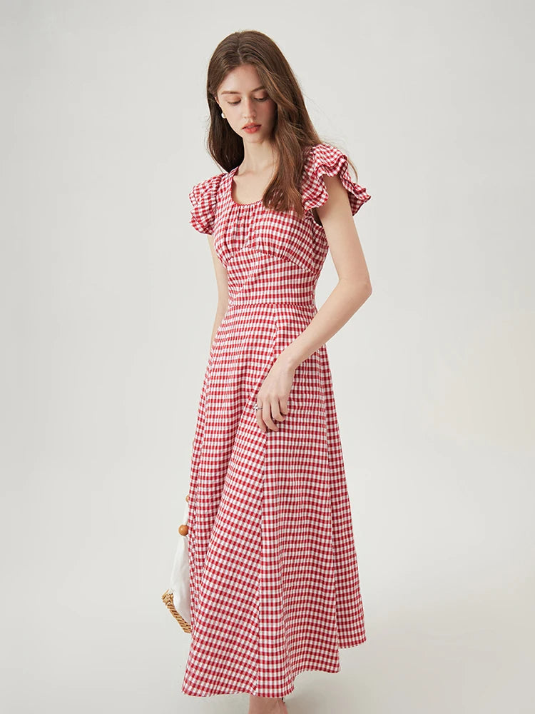 Red Gingham Ruffle Sleeve Midi Dress