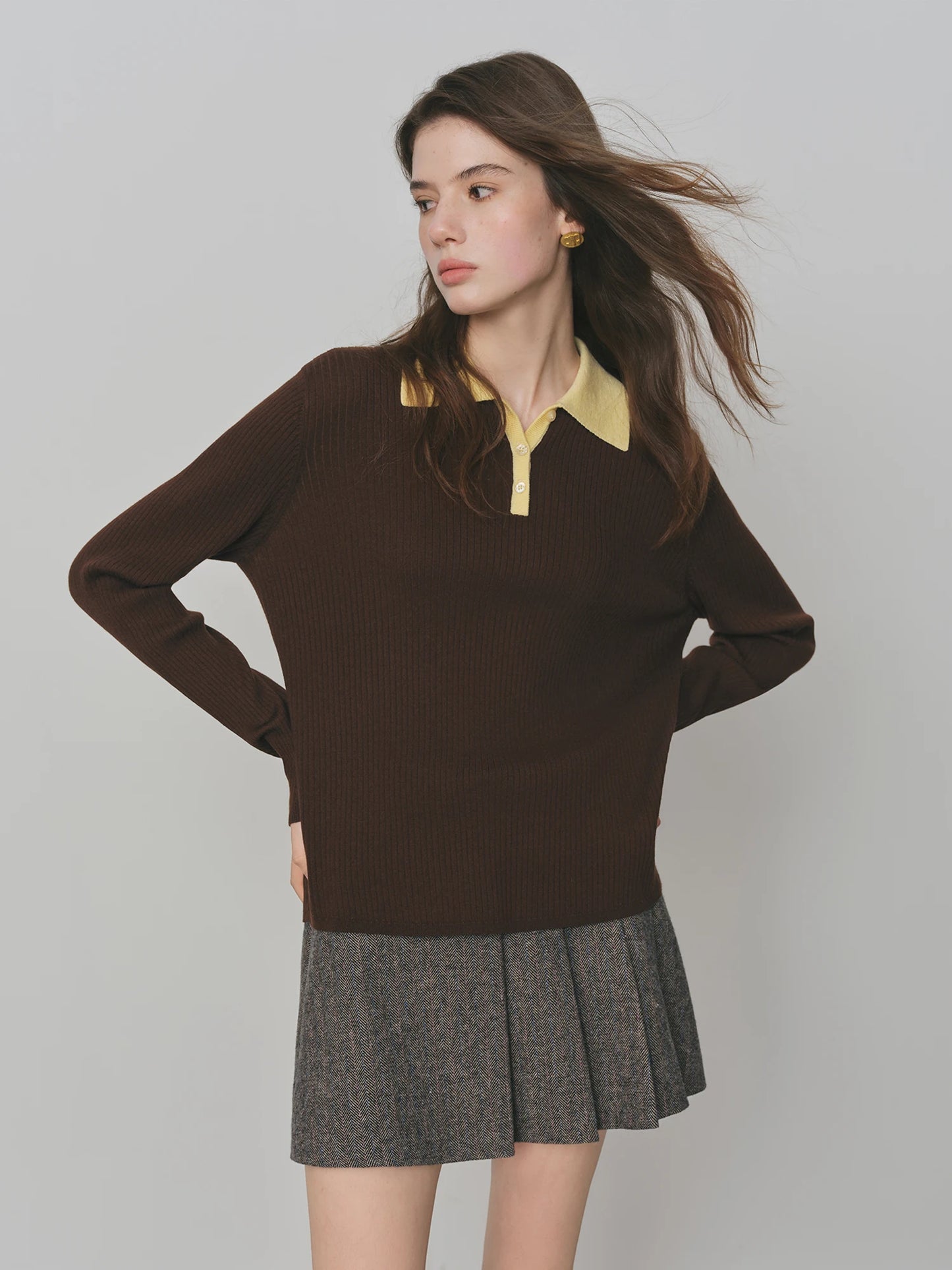 Chocolate Contrast Collar Polo Knit Top