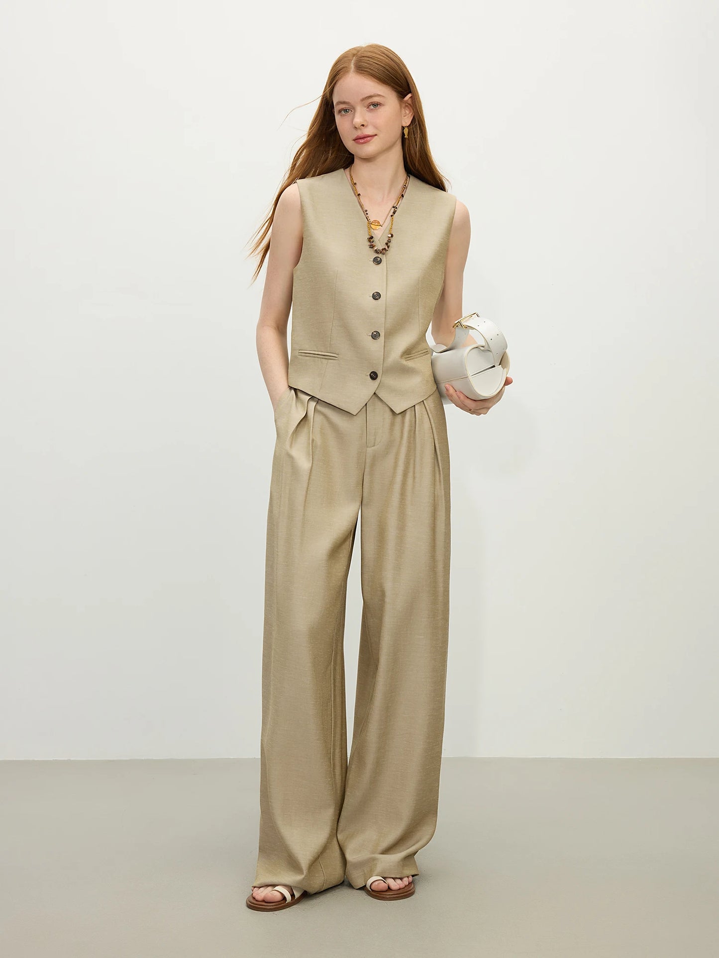 Khaki Pleated Wide Leg Suit Pants