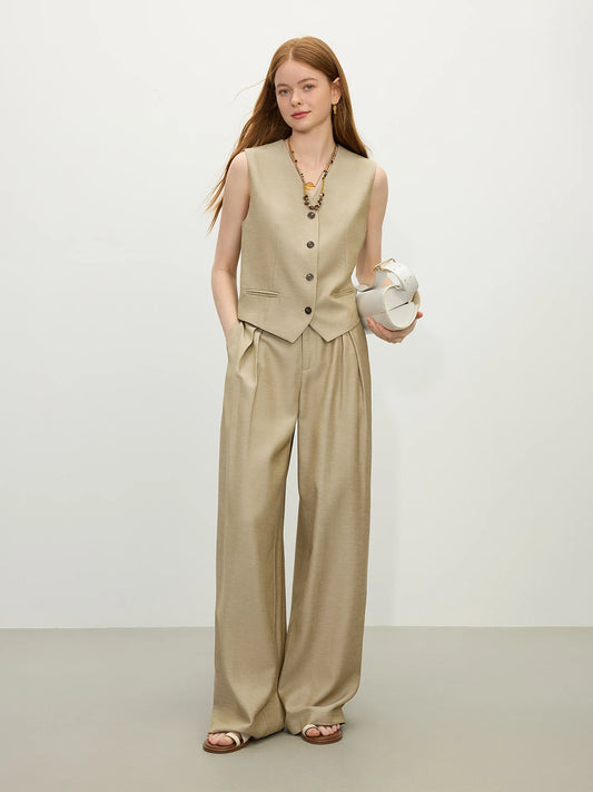 Khaki Pleated Wide Leg Suit Pants
