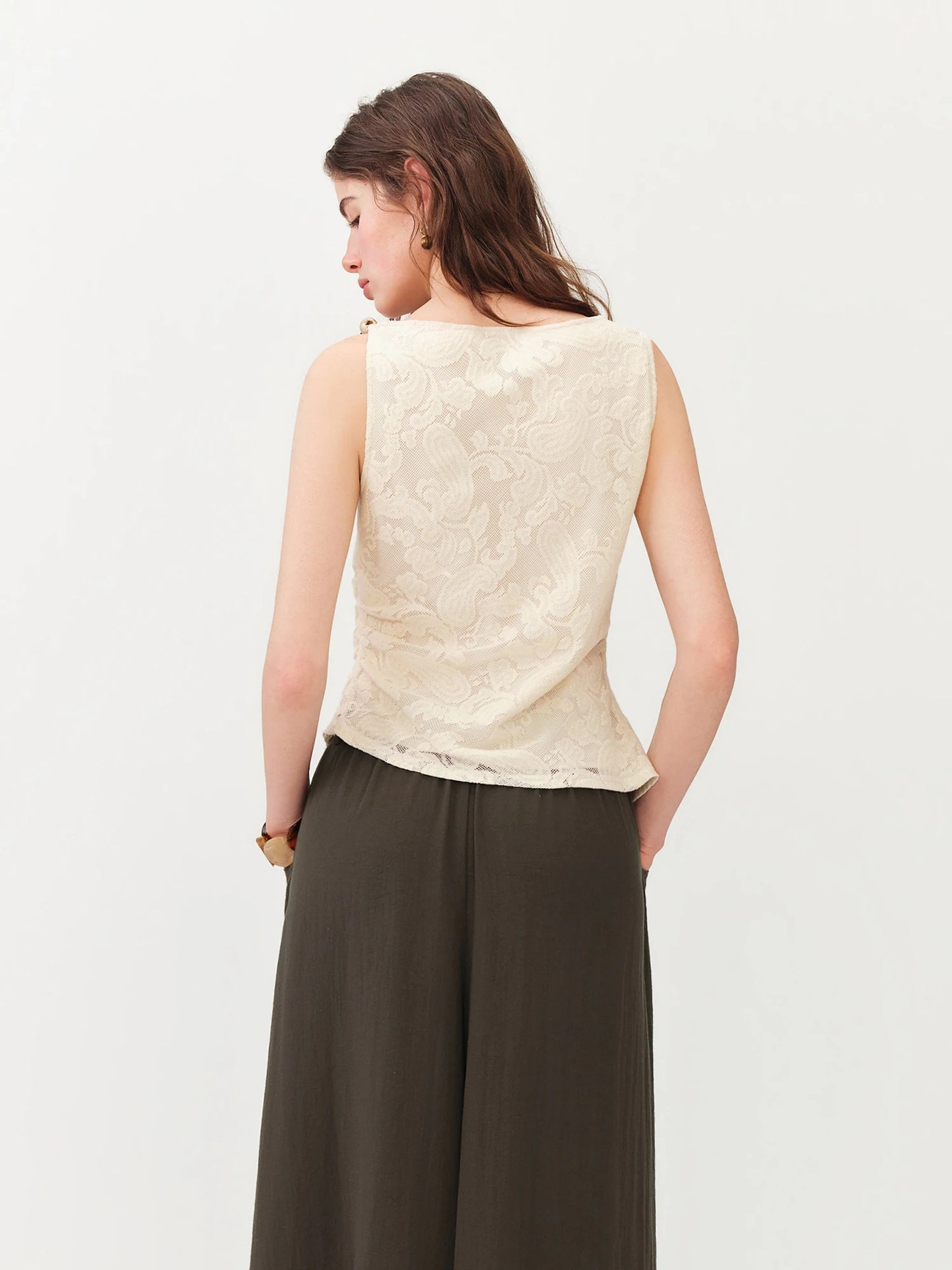 Ivory Draped Lace Sleeveless Top