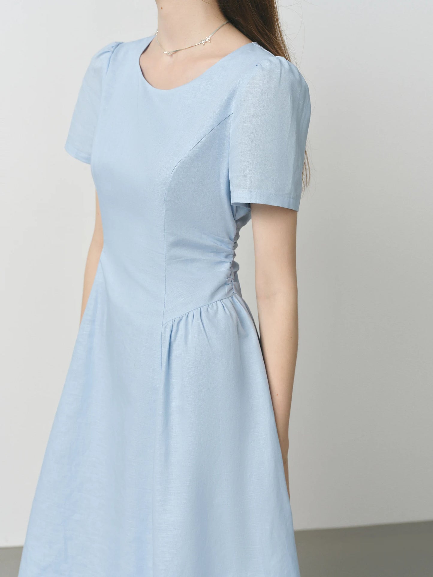Pale Blue Pleated Waist Midi Dress