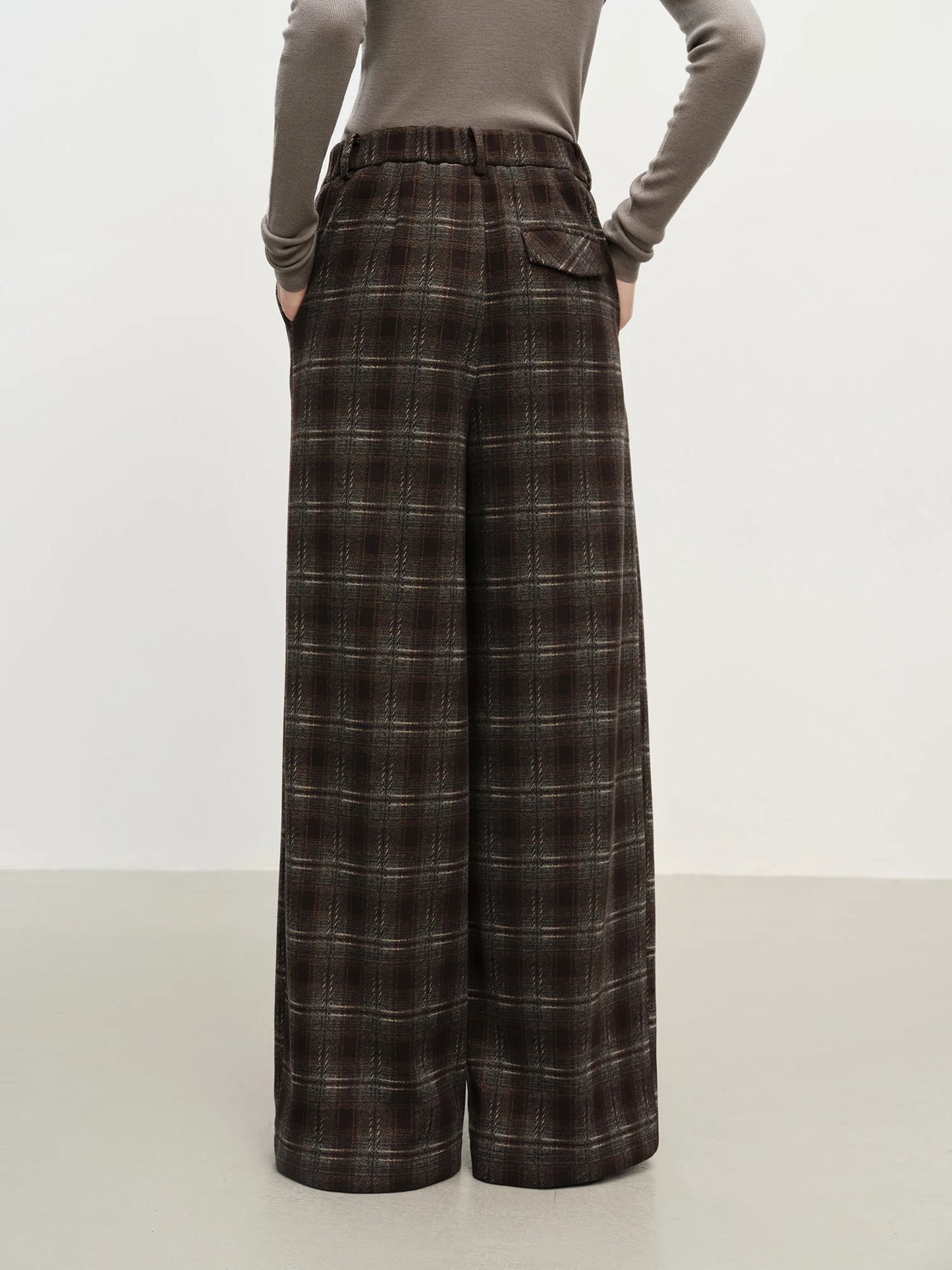 Brown Plaid Wide Leg Trousers