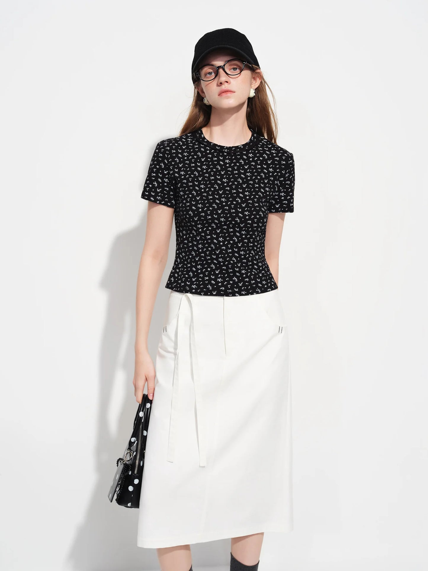 Black Floral Print Fitted Tee