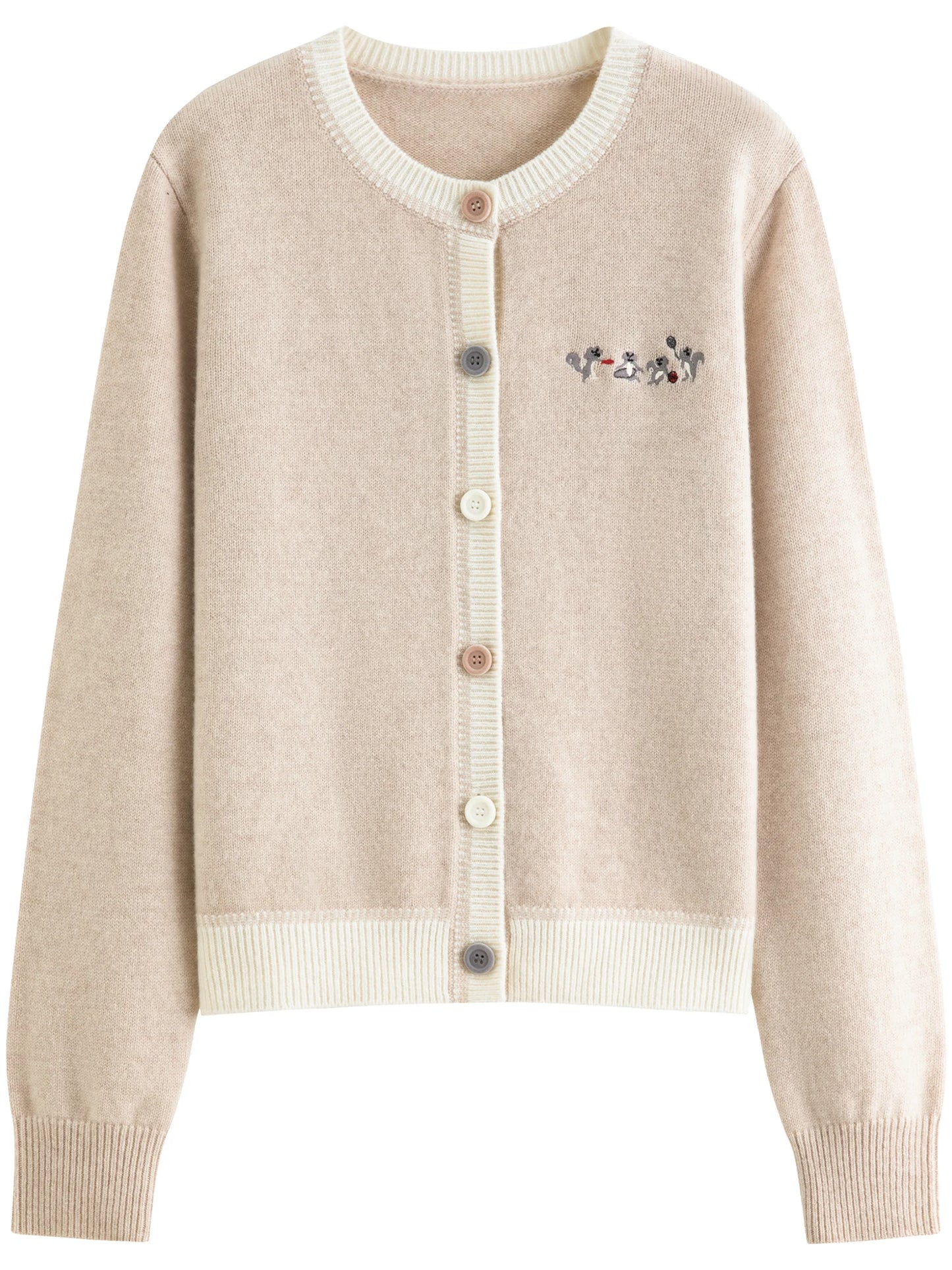 Beige Embroidered Crew Neck Cardigan