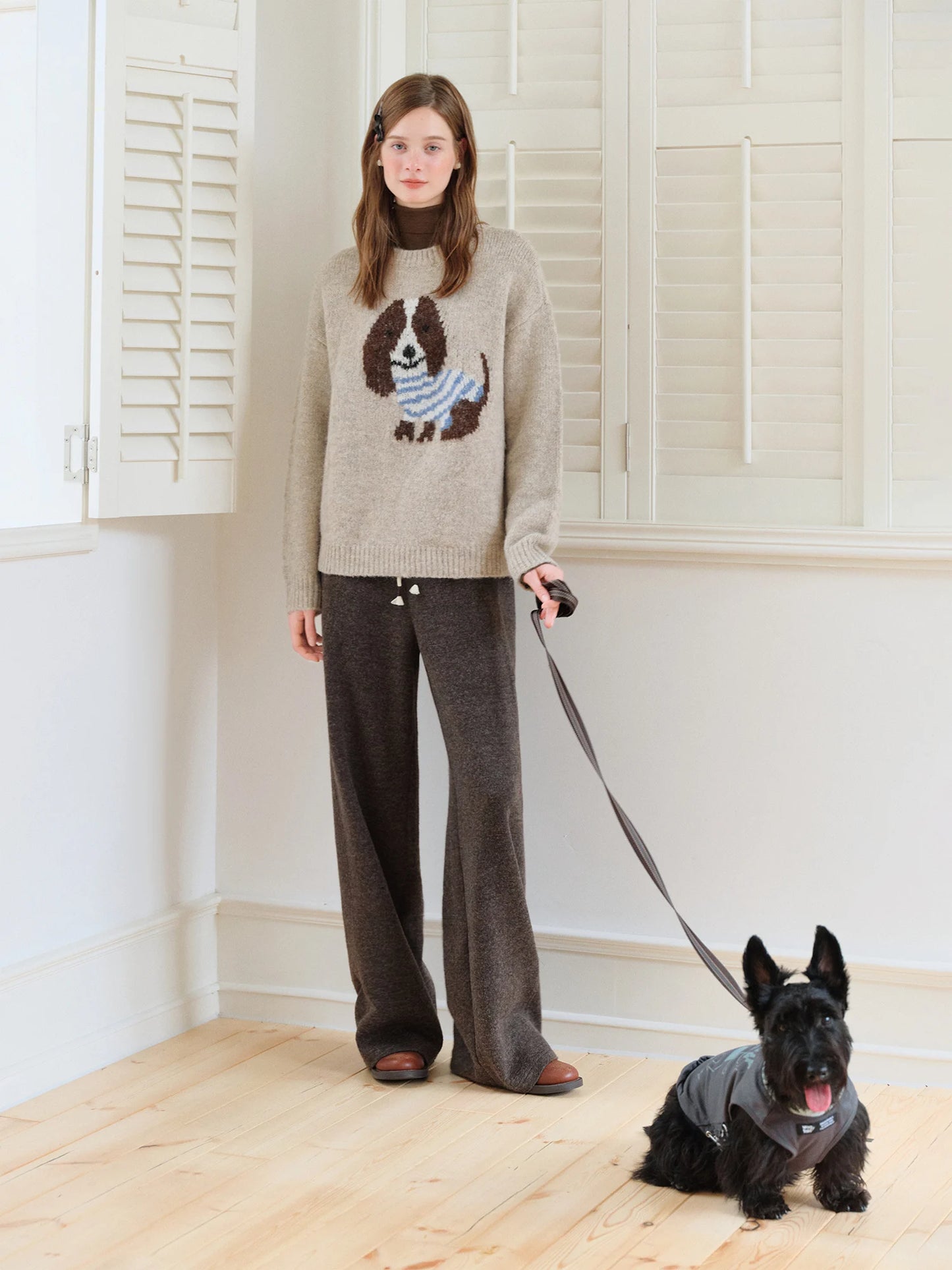 Oatmeal Puppy Jacquard Knit Sweater