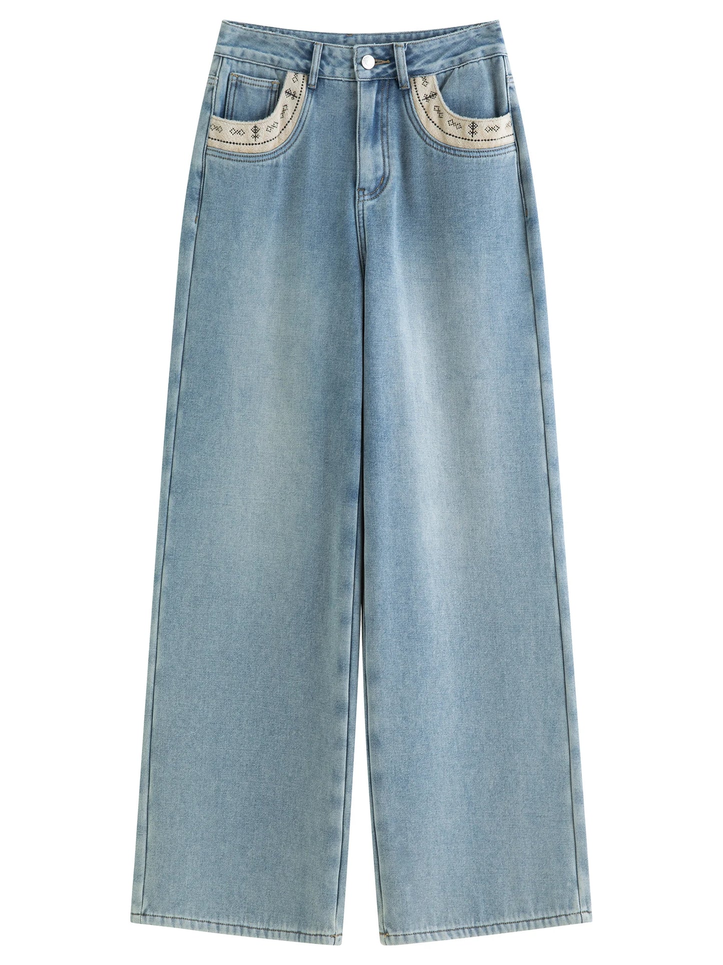 Light Wash Embroidered Wide Leg Jeans