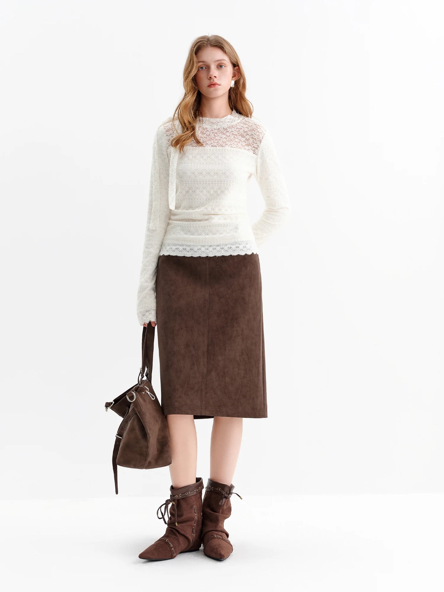 White Lace Panel Long Sleeve Top
