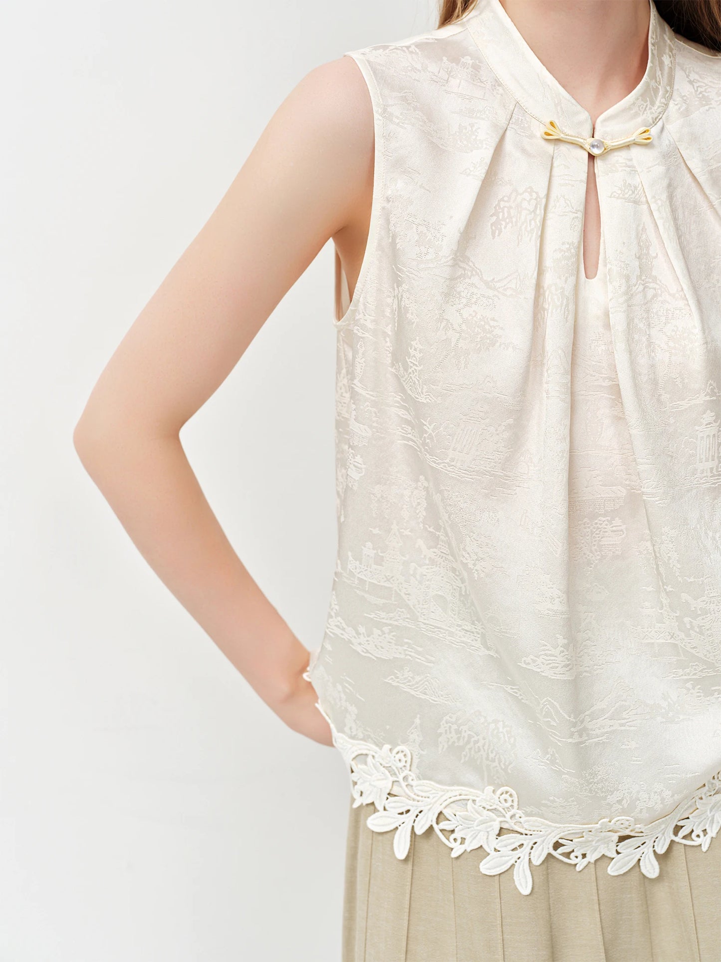 Ivory Lace Hem Sleeveless Blouse