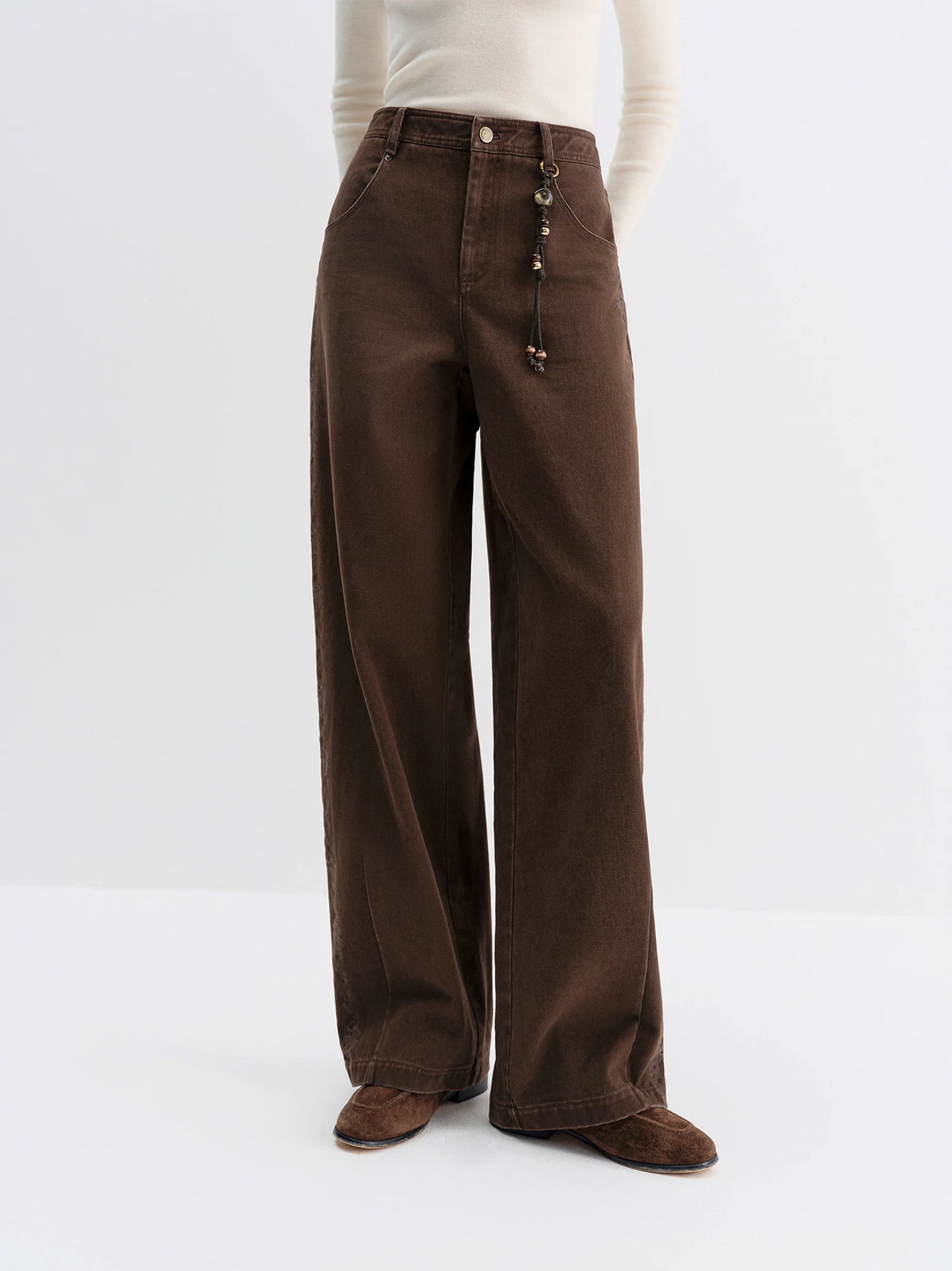 Ivory Beaded Wide Leg Trousers