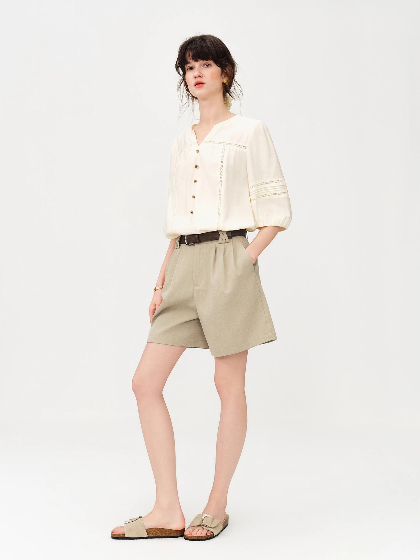 Beige Pleated Linen Blend Shorts