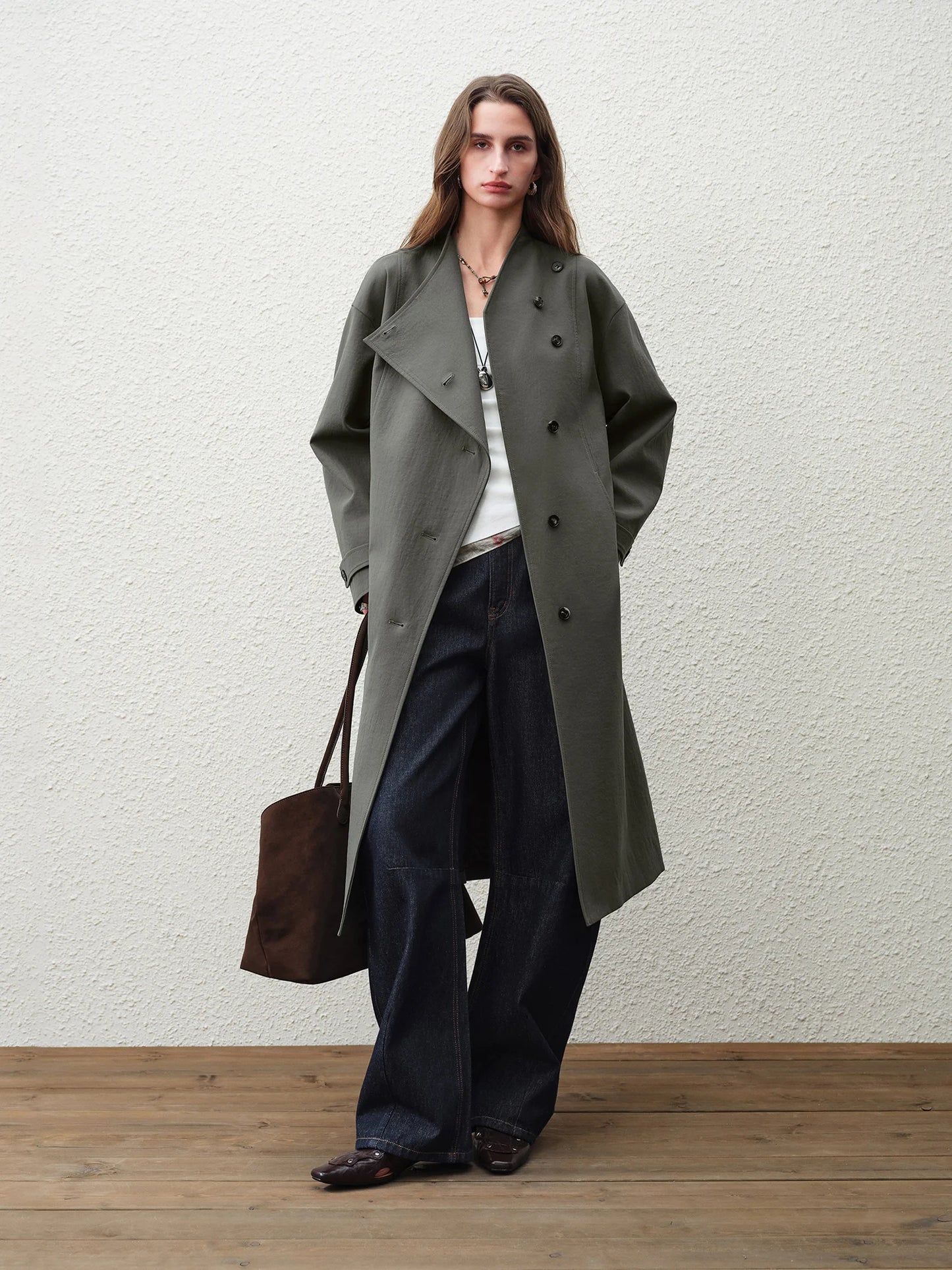 Dark Olive Asymmetric Belted Long Trench