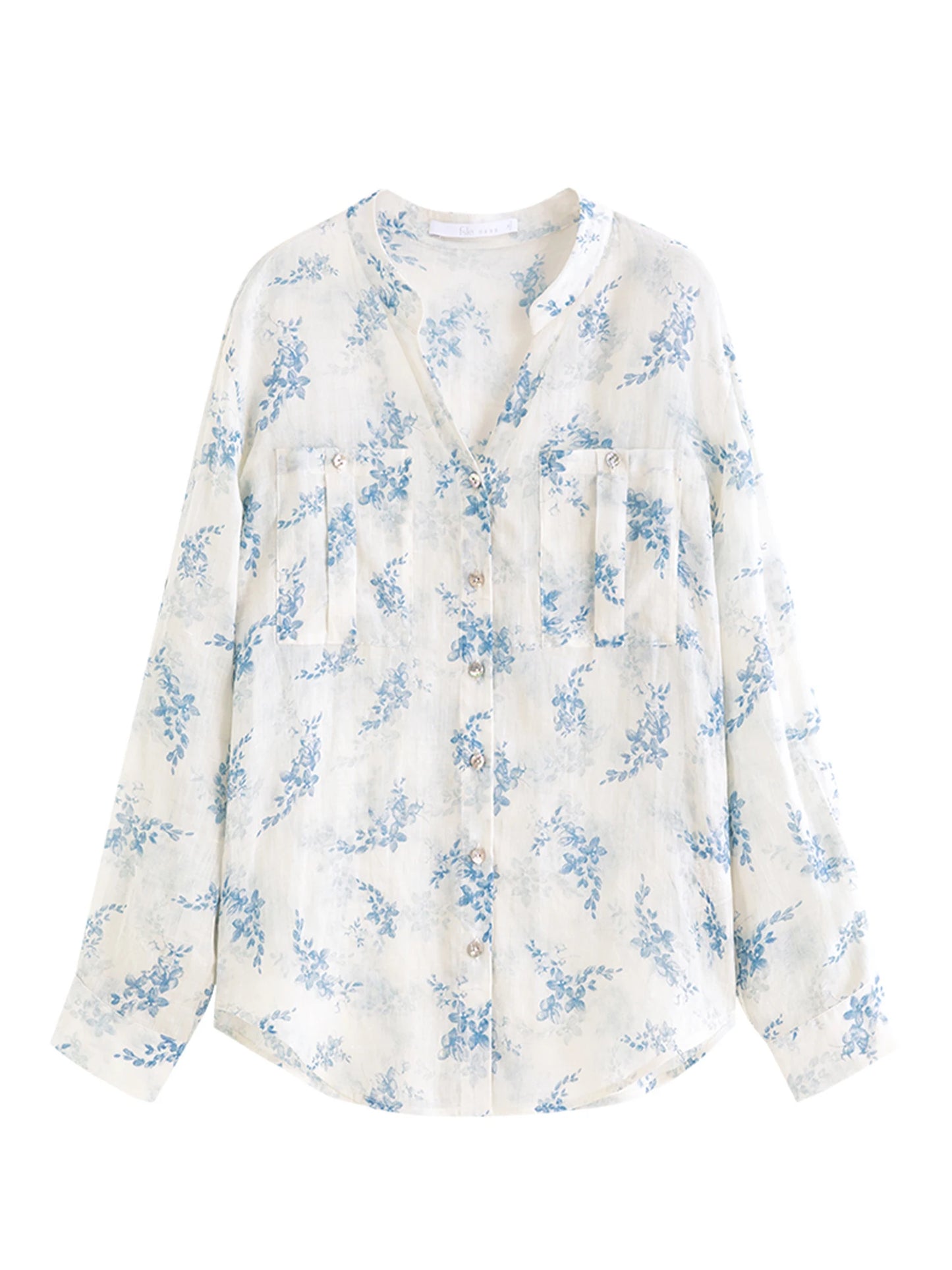 Blue Floral Ruffle Neck Blouse