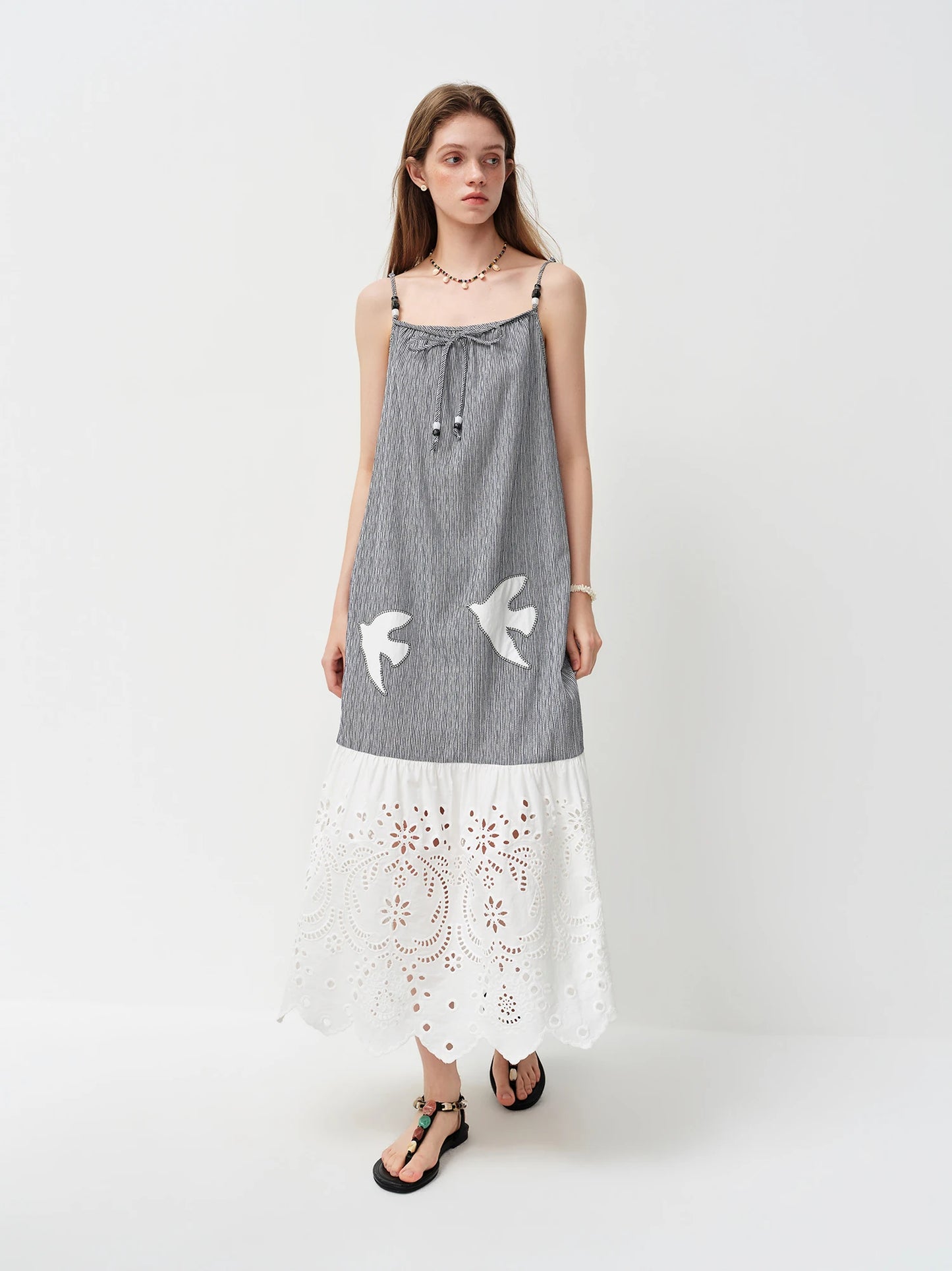Grey Bird Embroidered Slip Midi Dress