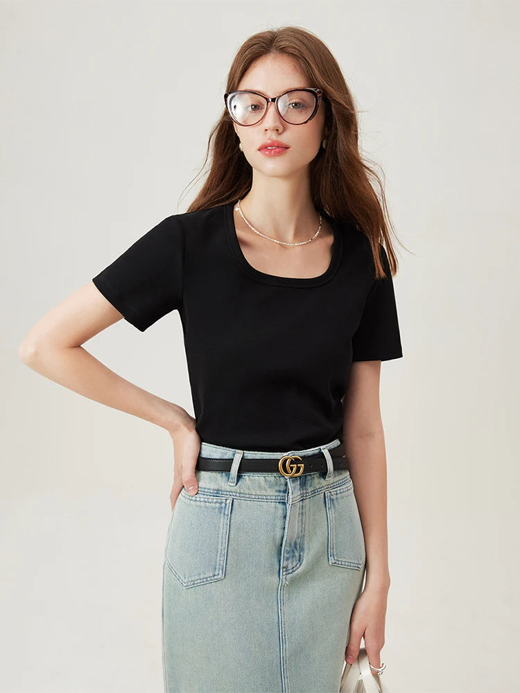 Black Scoop Neck Fitted Cotton Tee