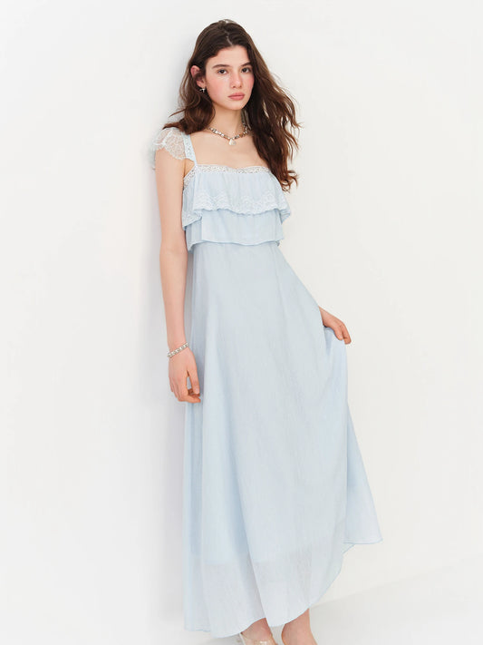 Pale Blue Ruffle Cape Maxi Dress