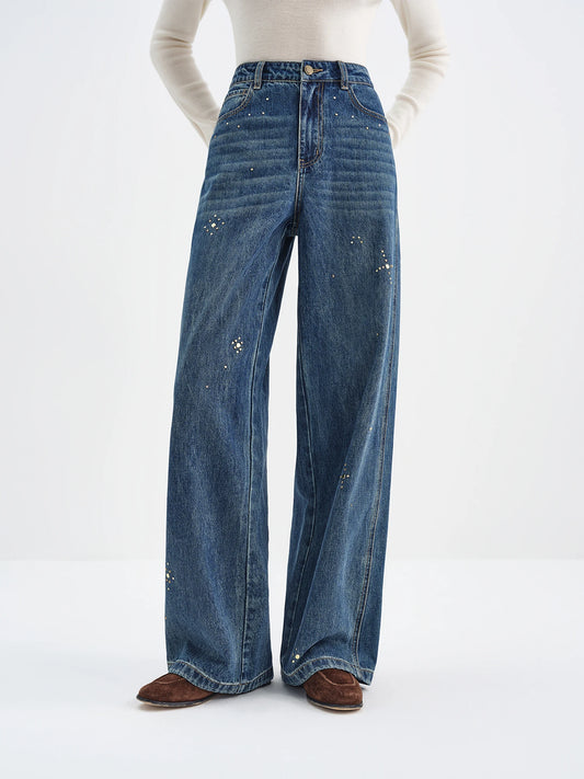 Medium Wash Rhinestone Wide Leg Jeans