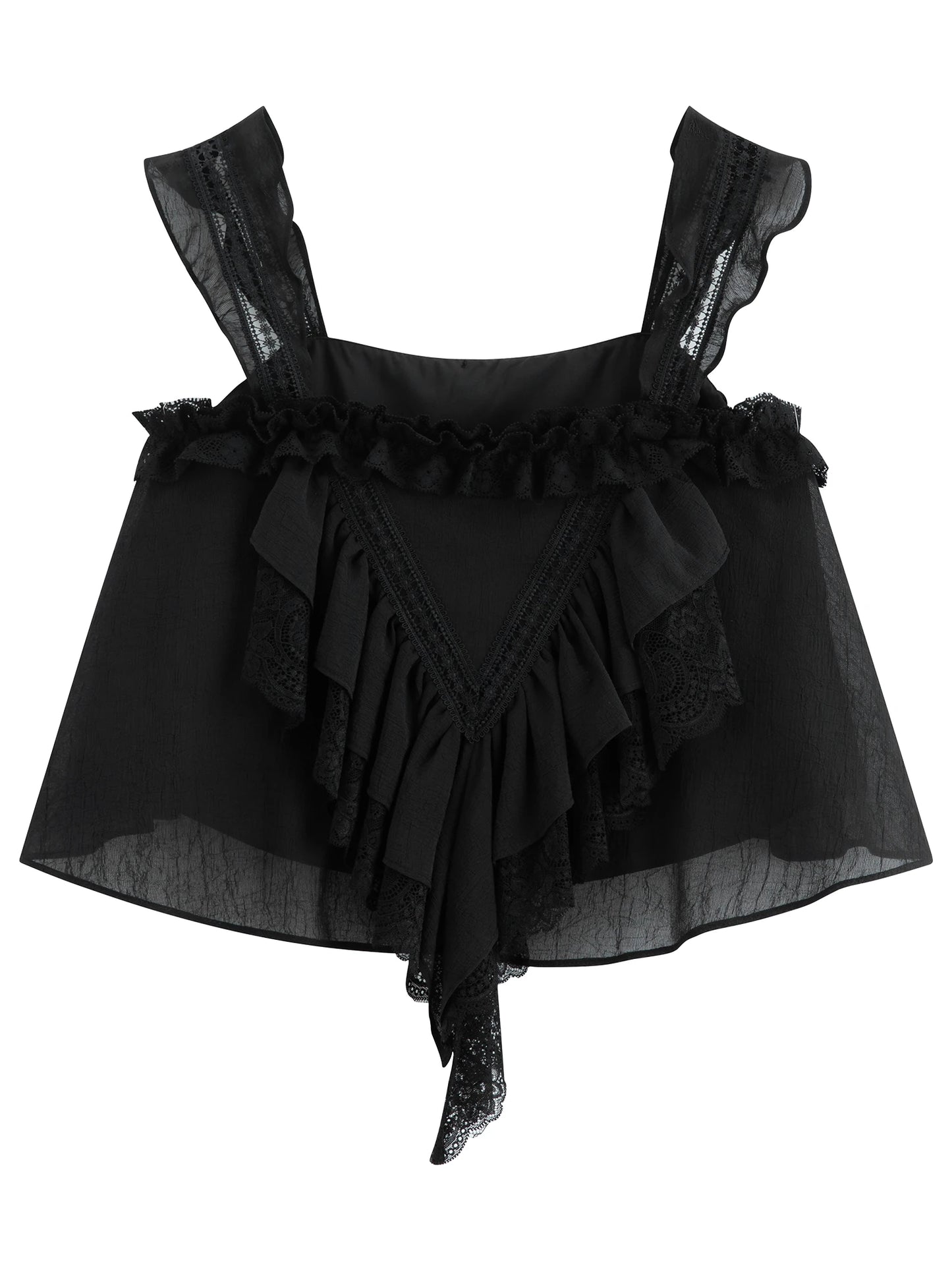 Black Lace Trim Spaghetti Strap Blouse
