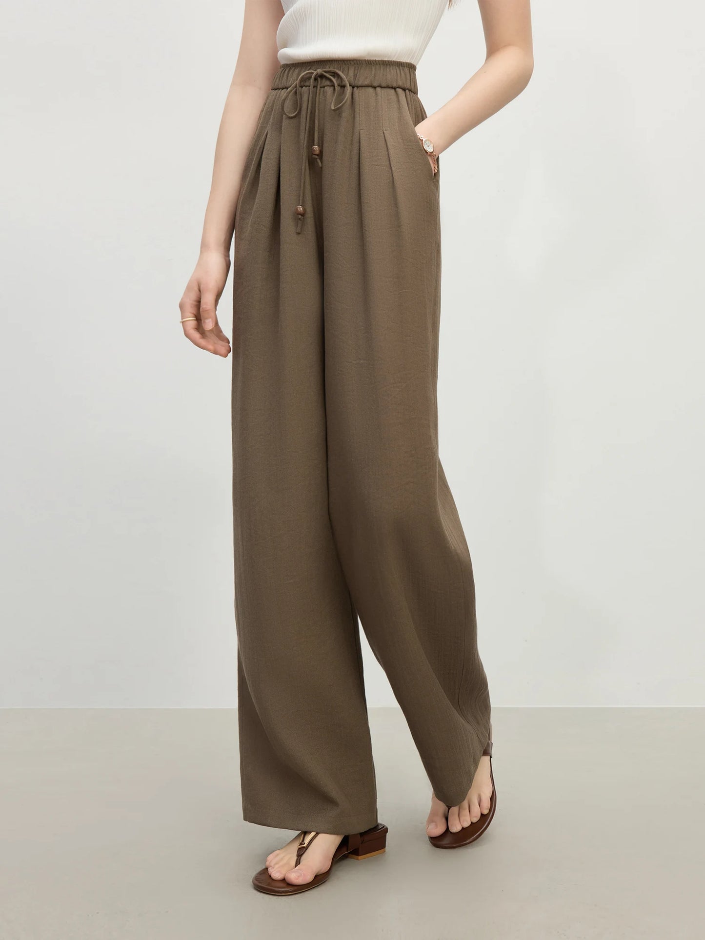 Brown Pleated Linen Wide Leg Pants