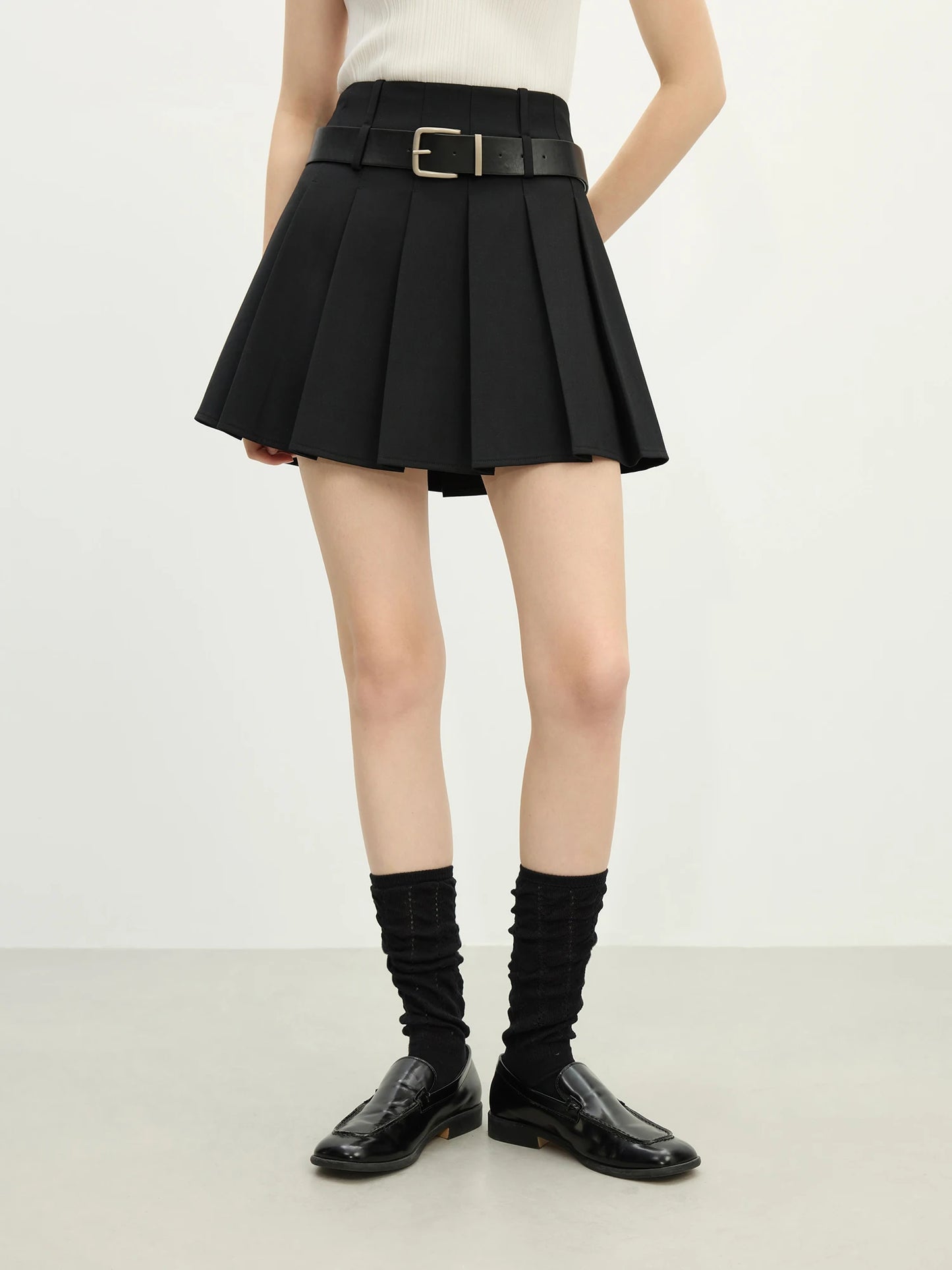 Charcoal Belted Pleated Mini Skirt