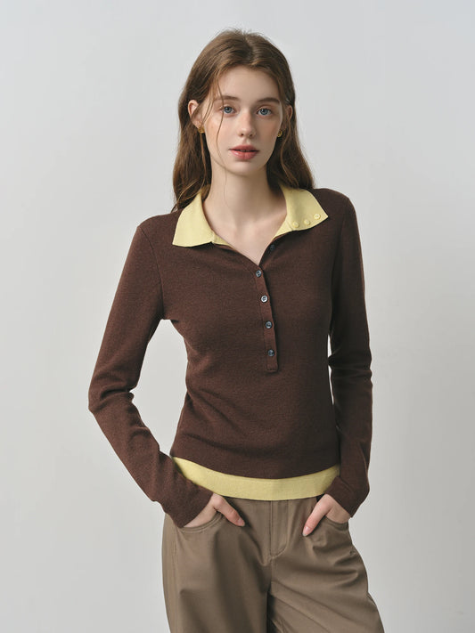 Chocolate Contrast Collar Henley Knit Top